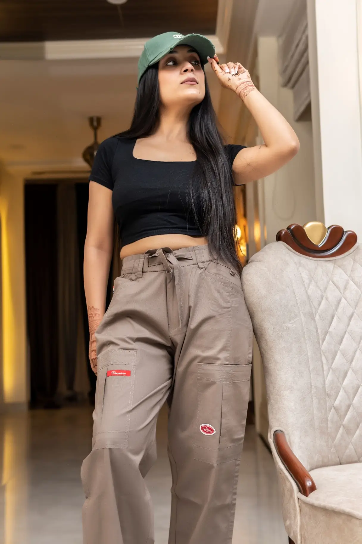 Taupe Brown Wide-Leg Cargo Trousers with Red Badge Accents view 2
