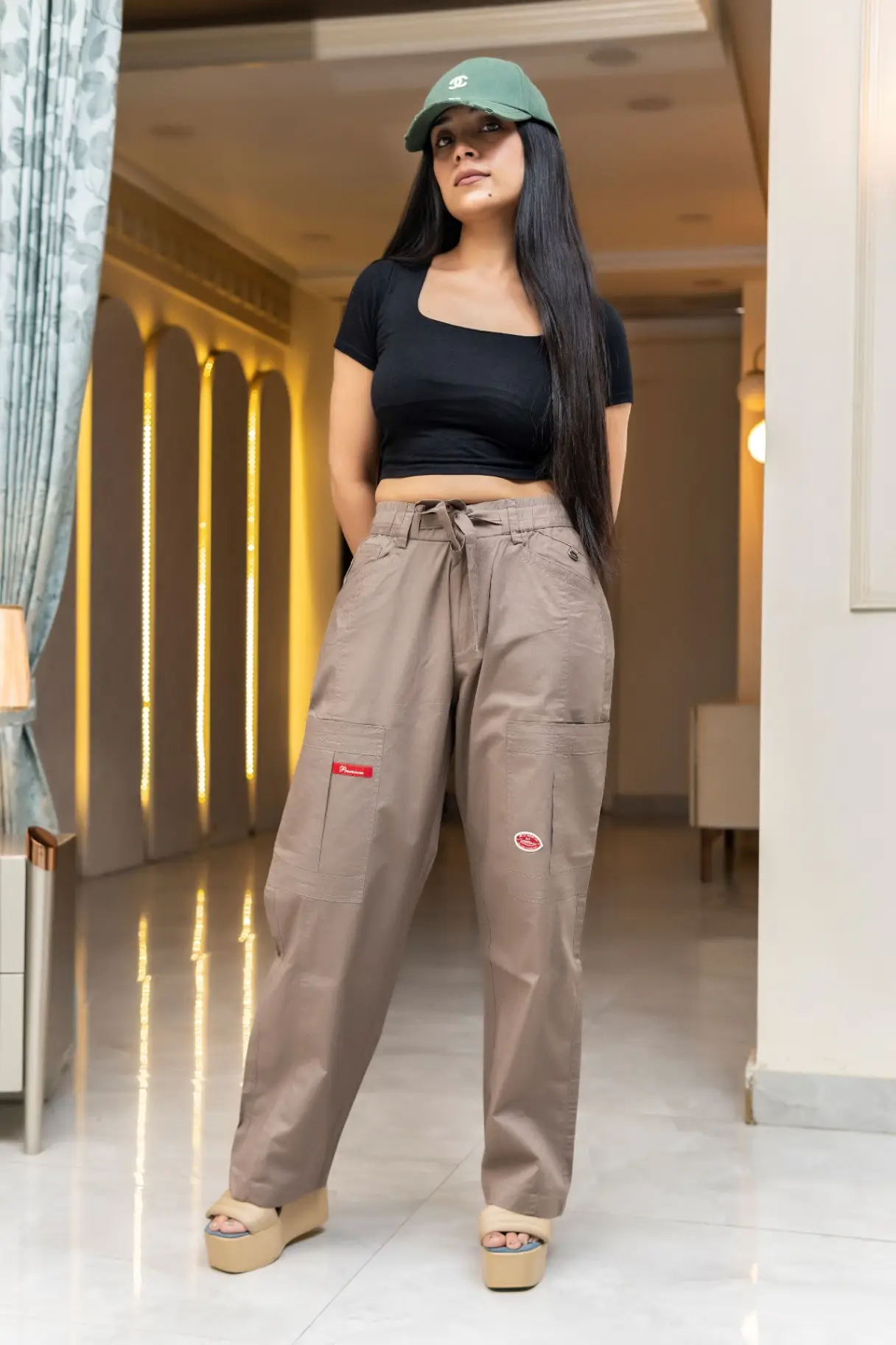 Taupe Brown Wide-Leg Cargo Trousers with Red Badge Accents view 3