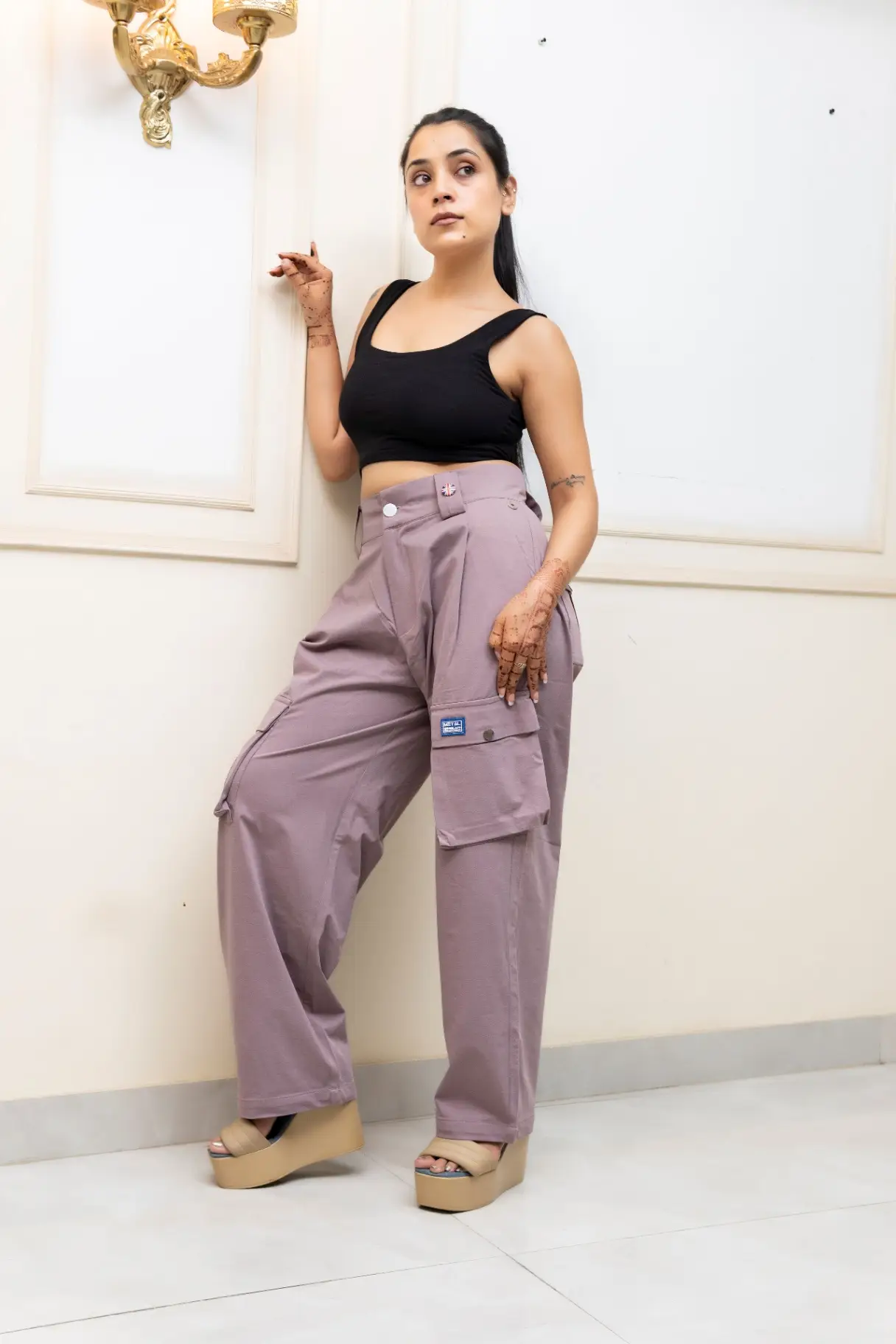 Mauve Wine Wide-Leg Cargo Trousers with Box Pleat Waist view 3