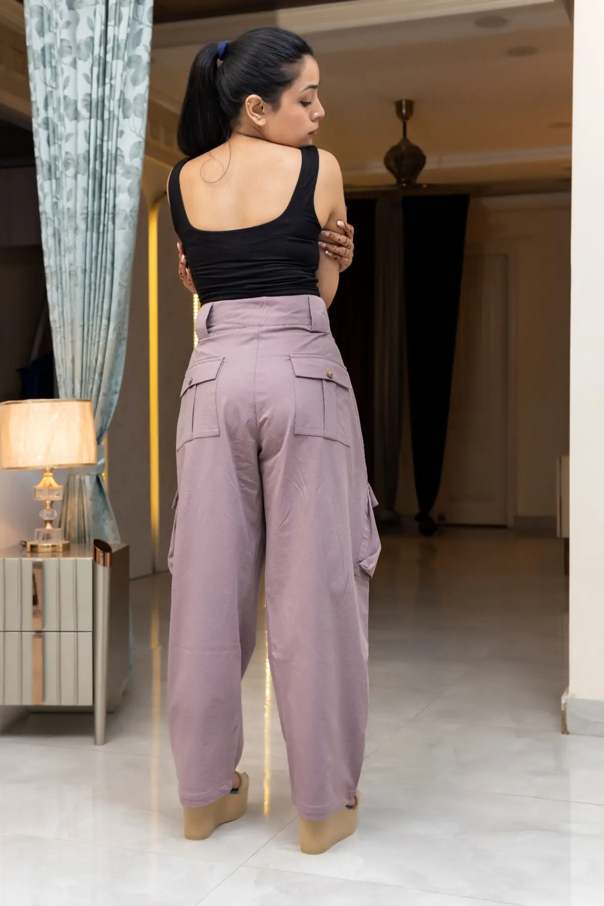 Mauve Wine Wide-Leg Cargo Trousers with Box Pleat Waist view 4
