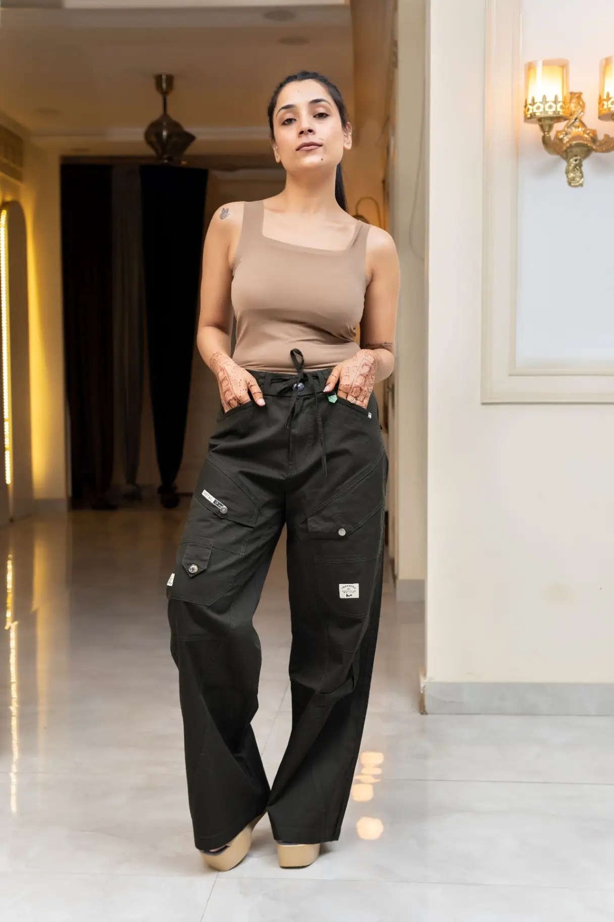 Midnight Black Wide-Leg Cargo Trousers with Multi-Pocket Paneling