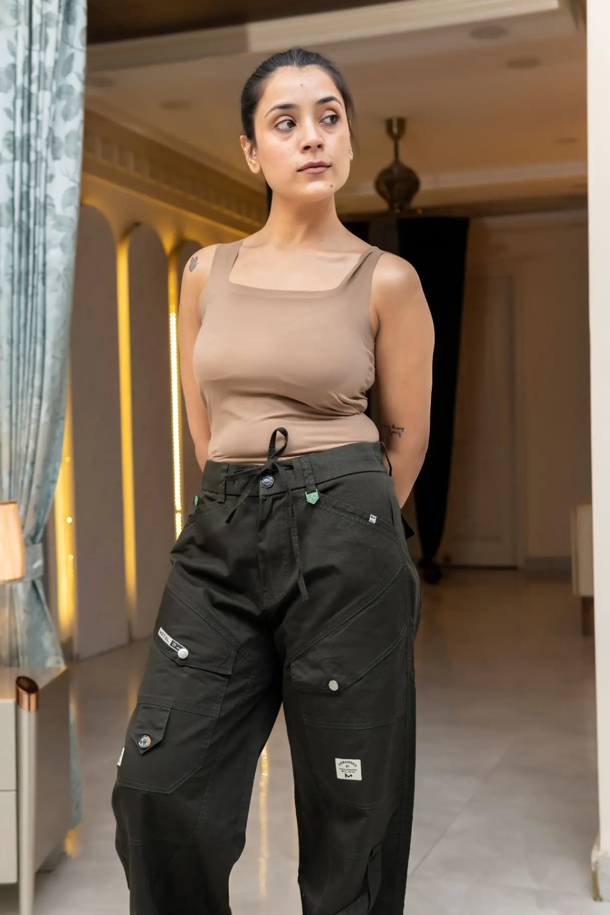 Midnight Black Wide-Leg Cargo Trousers with Multi-Pocket Paneling view 2