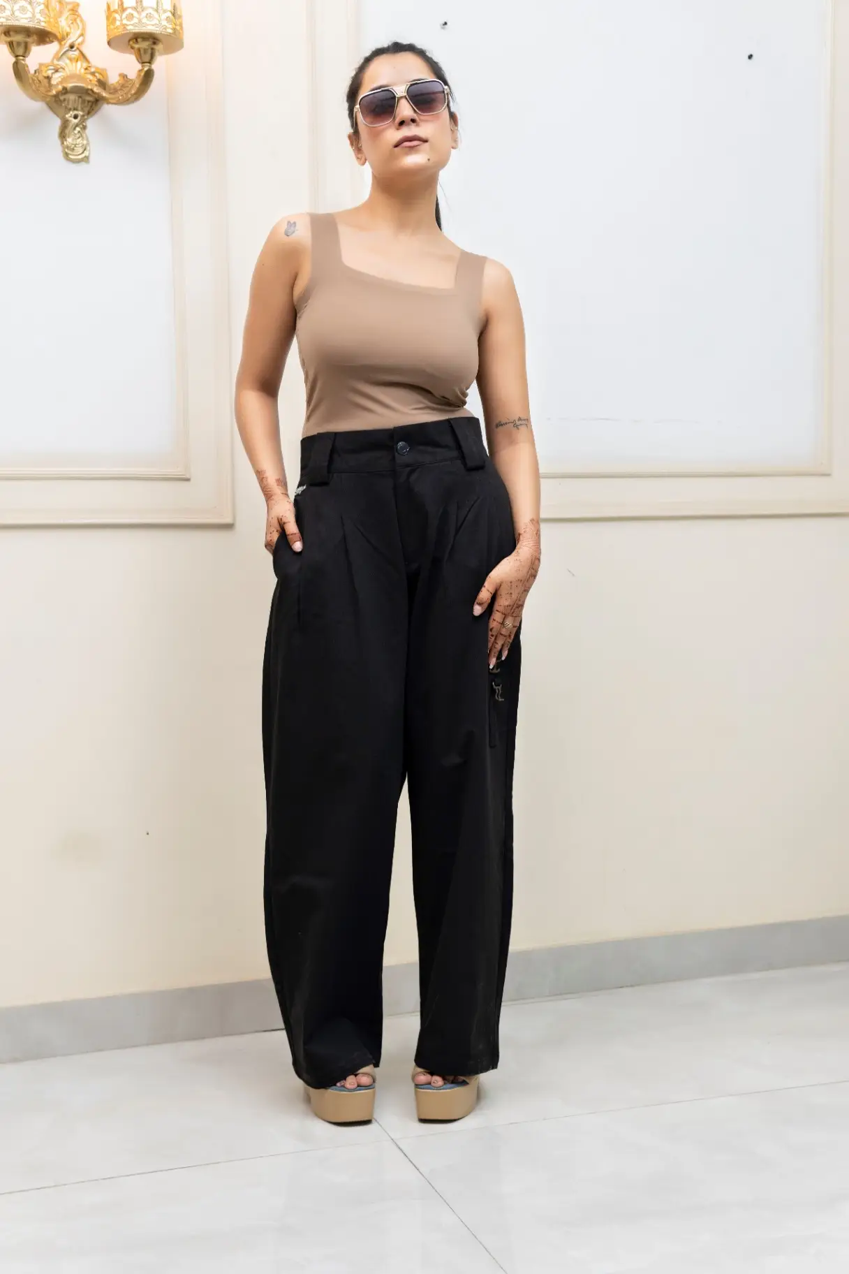 Midnight Black Wide-Leg Trousers with Structured Box Pleats