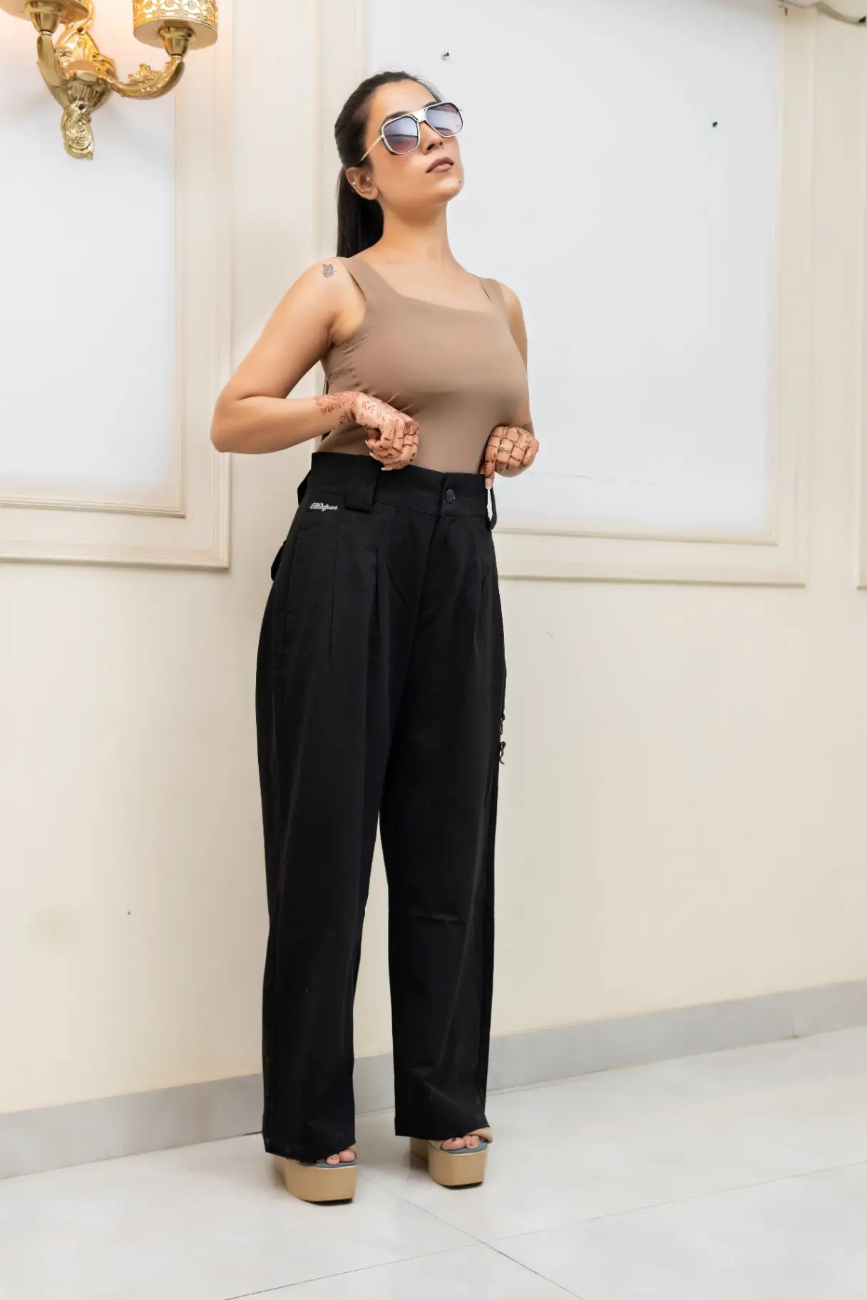 Midnight Black Wide-Leg Trousers with Structured Box Pleats view 2