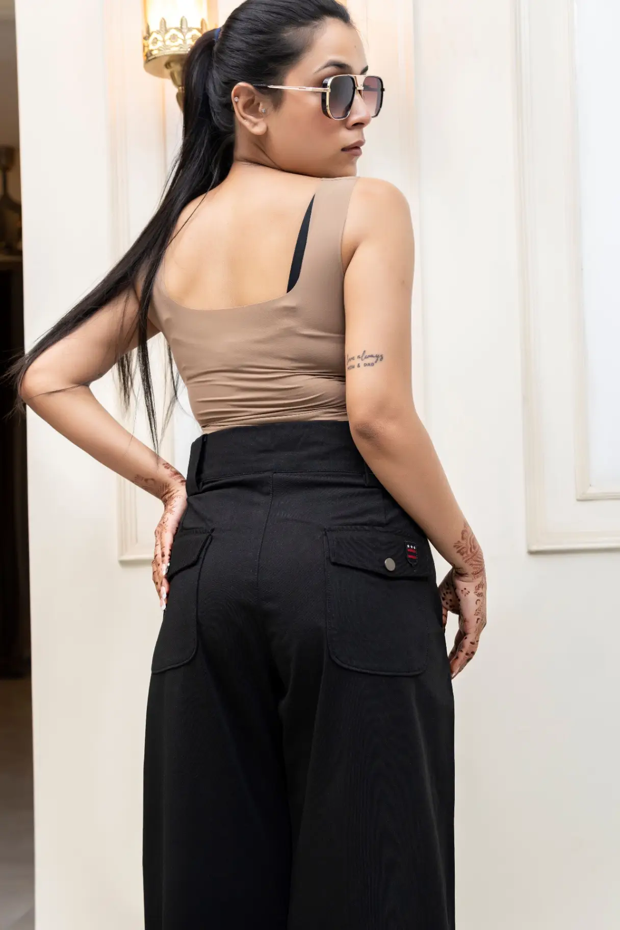Midnight Black Wide-Leg Trousers with Structured Box Pleats view 3