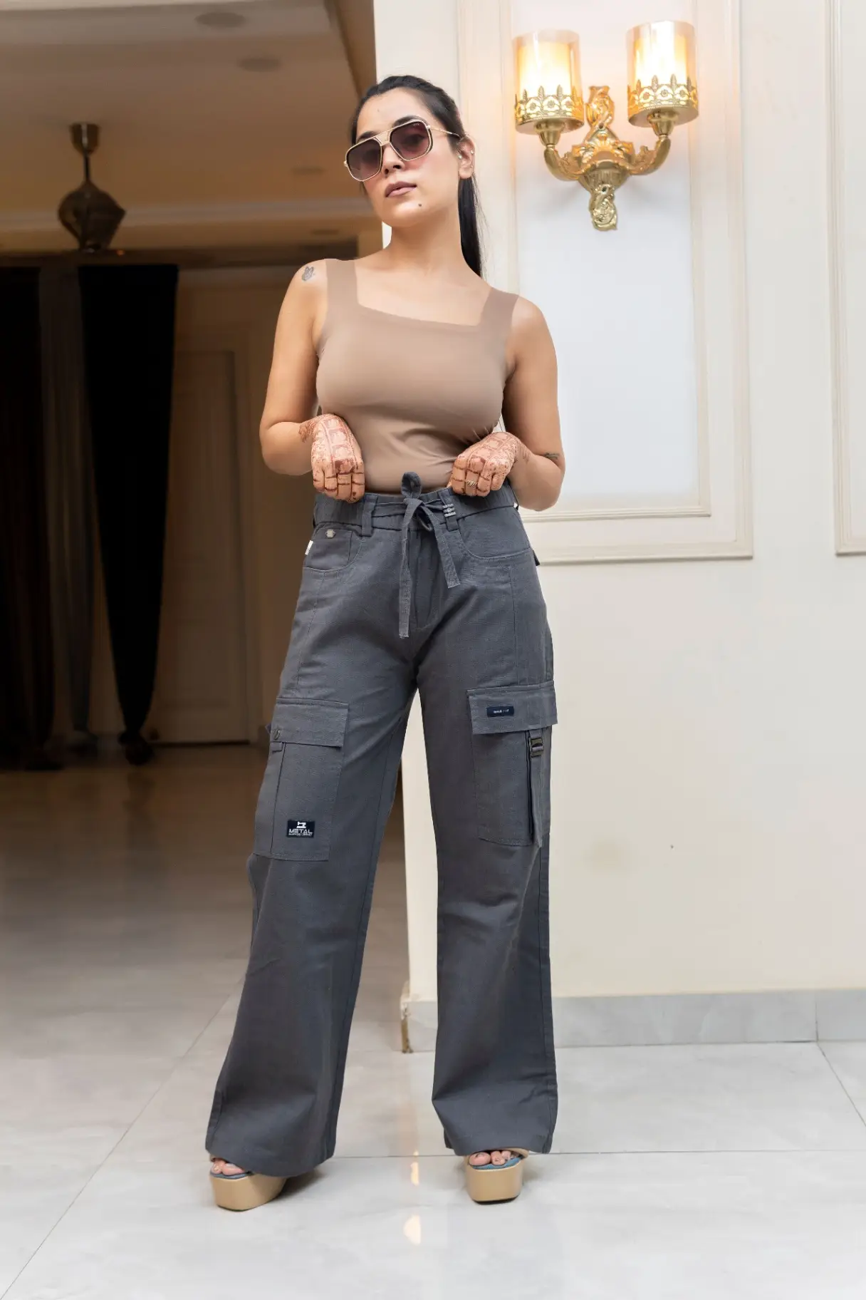 Charcoal Gray Wide-Leg Cargo Trousers with Side Flap Pockets