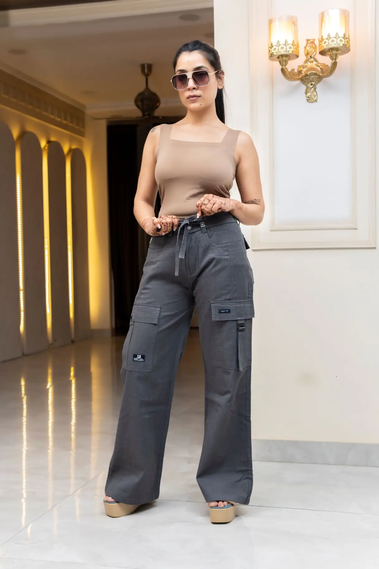 Charcoal Gray Wide-Leg Cargo Trousers with Side Flap Pockets view 2