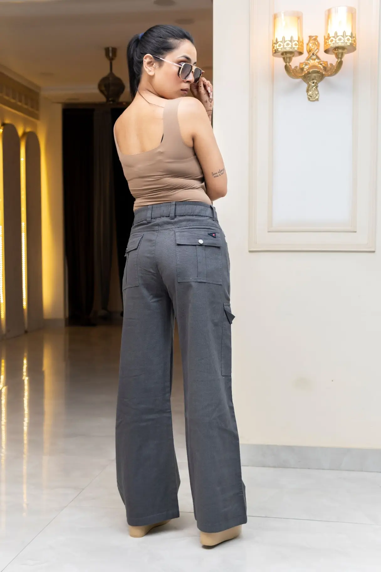 Charcoal Gray Wide-Leg Cargo Trousers with Side Flap Pockets view 3