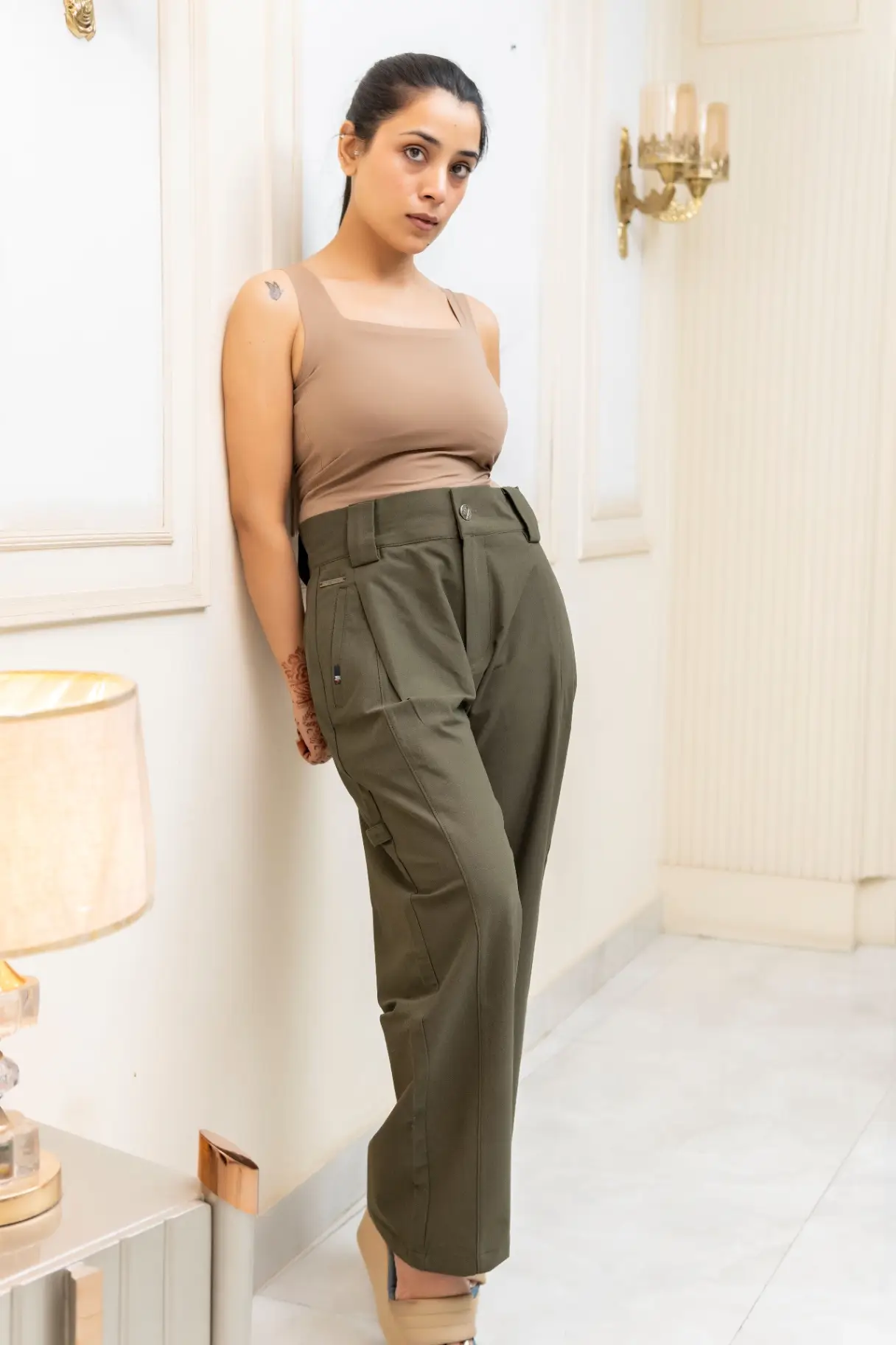 Olive Moss Wide-Leg Trousers with Extended Belt Loops view 3