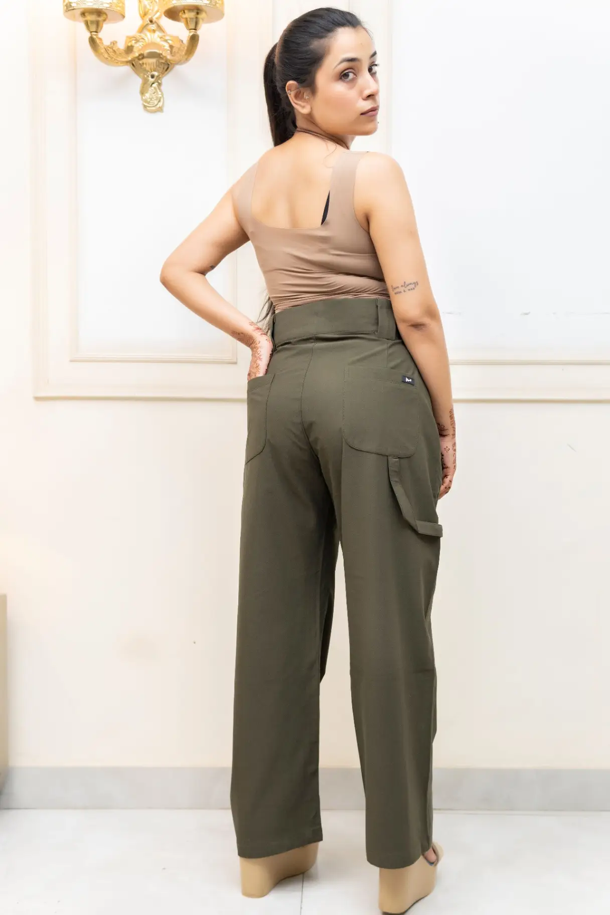 Olive Moss Wide-Leg Trousers with Extended Belt Loops view 4