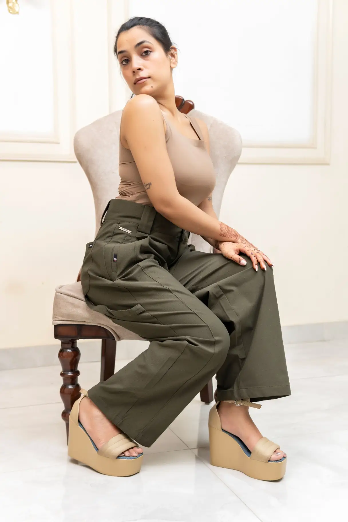 Olive Moss Wide-Leg Trousers with Extended Belt Loops view 5