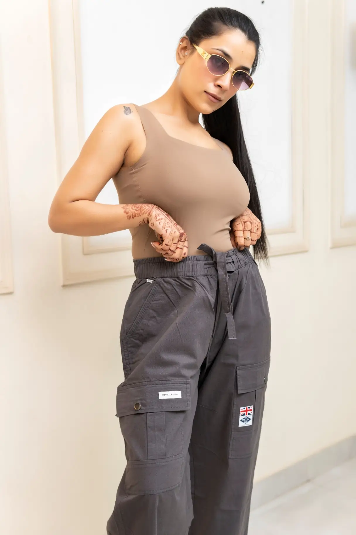 Charcoal Gray Wide-Leg Cargo Trousers with Union Jack Patch view 2