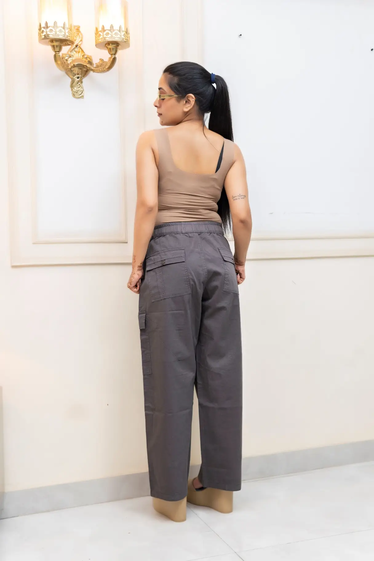 Charcoal Gray Wide-Leg Cargo Trousers with Union Jack Patch view 3