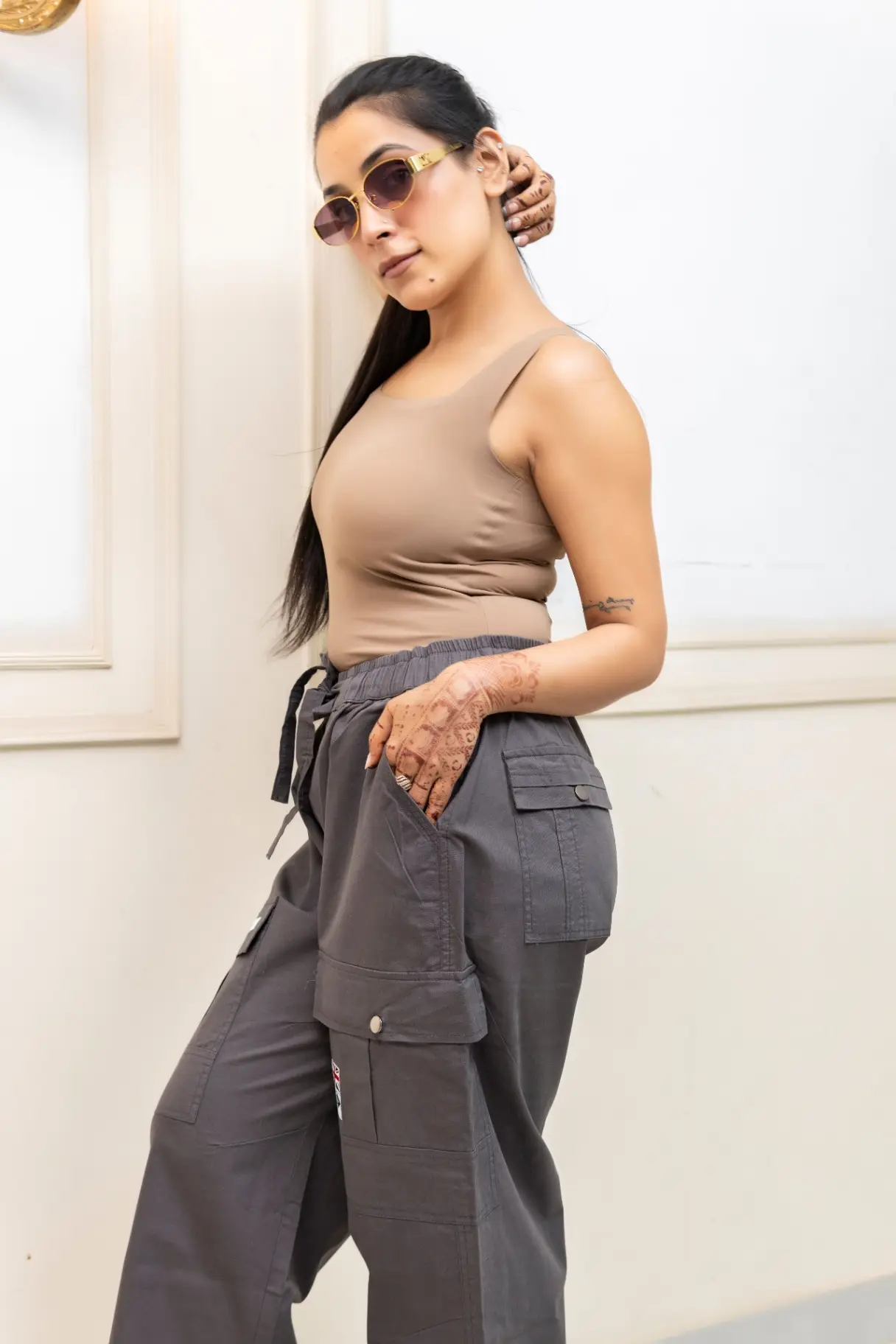 Charcoal Gray Wide-Leg Cargo Trousers with Union Jack Patch view 4