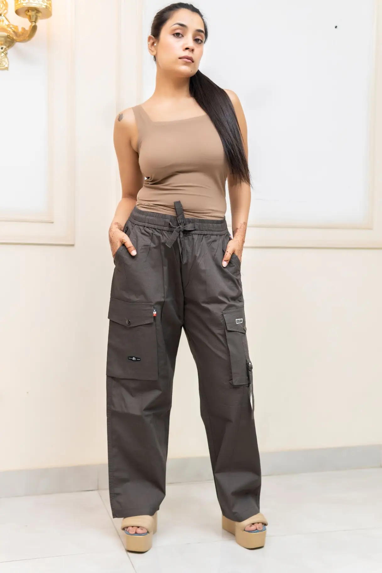 Charcoal Carbon Wide-Leg Cargo Trousers with Asymmetric Flap Pockets view 2