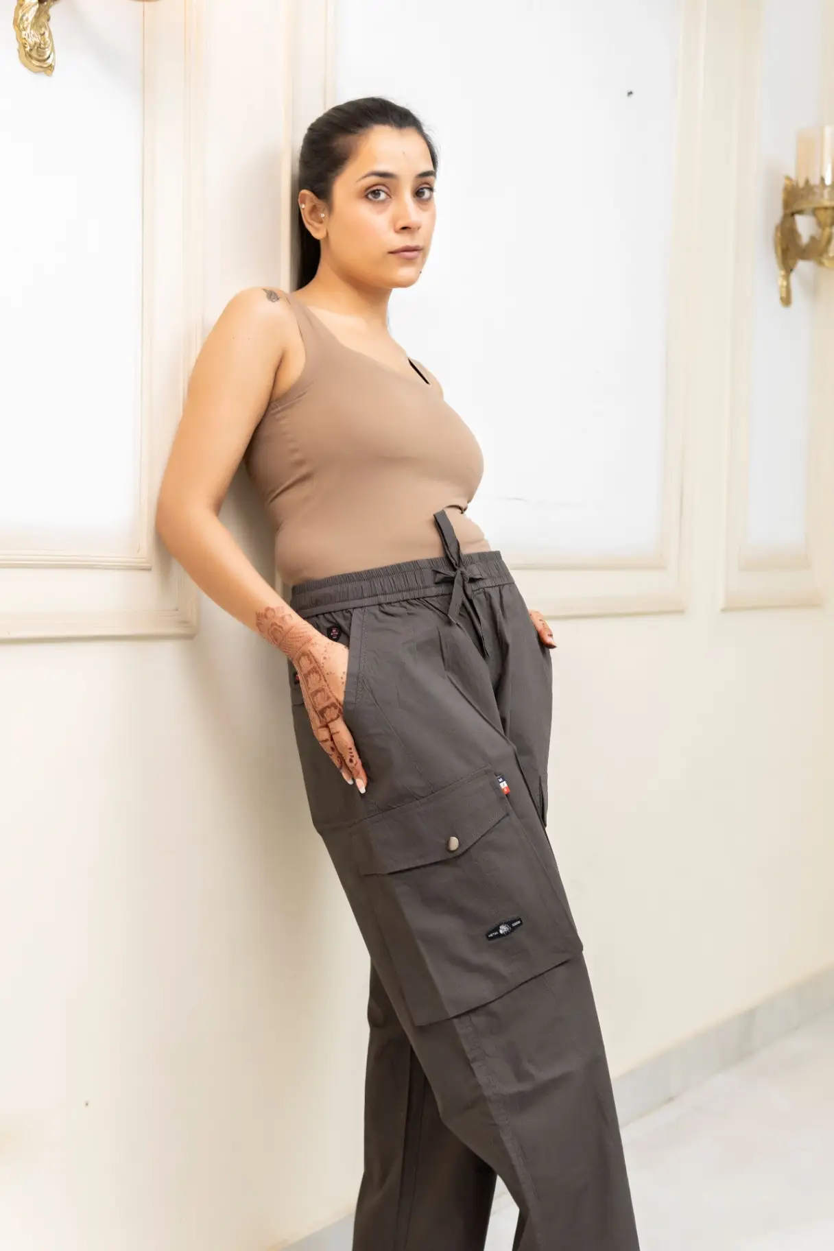 Charcoal Carbon Wide-Leg Cargo Trousers with Asymmetric Flap Pockets view 3