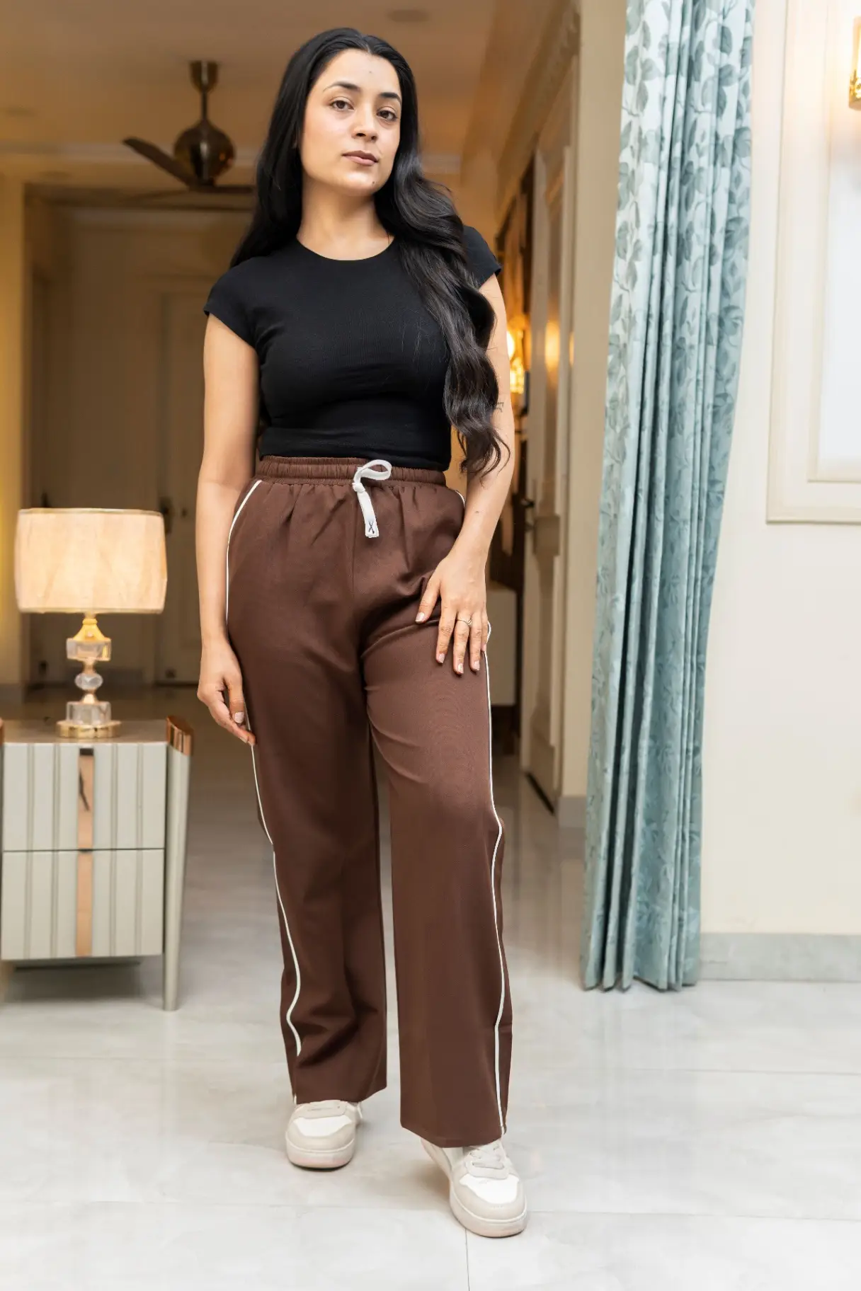 Chocolate Brown Wide-Leg Track Pants with Contrast Side Piping