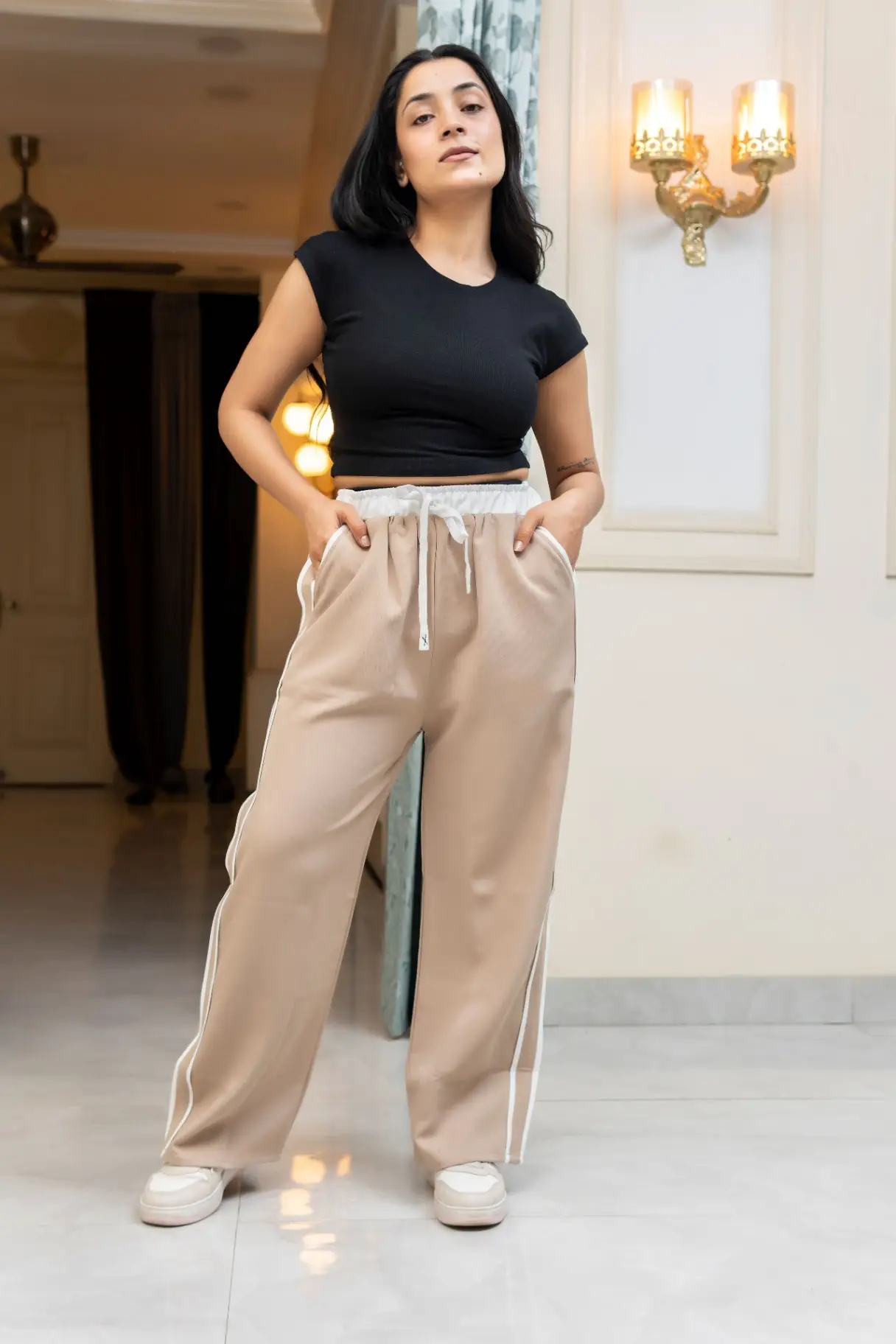 Sandy Beige Wide-Leg Track Pants with Contrast White Waistband