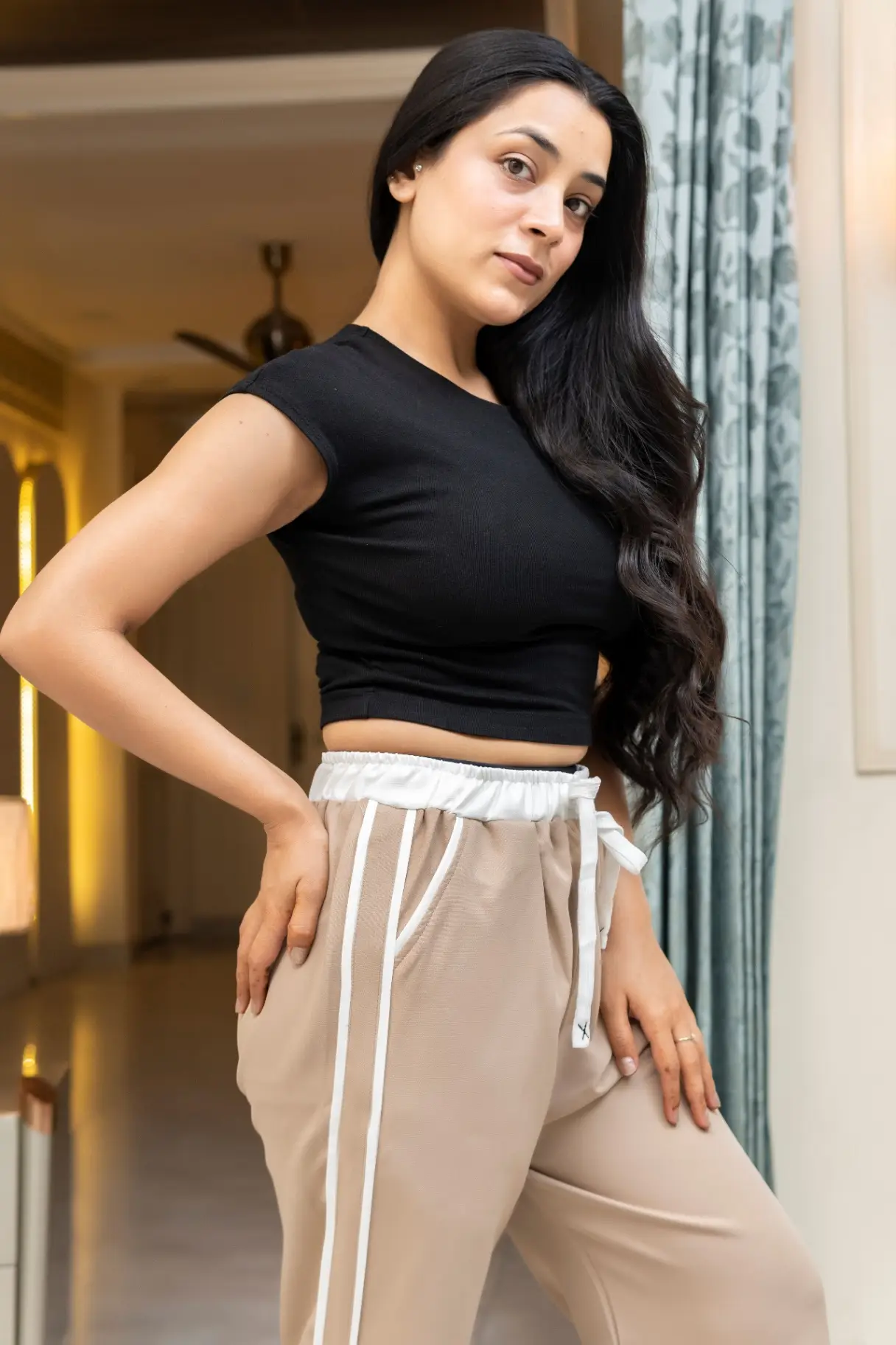 Sandy Beige Wide-Leg Track Pants with Contrast White Waistband view 2