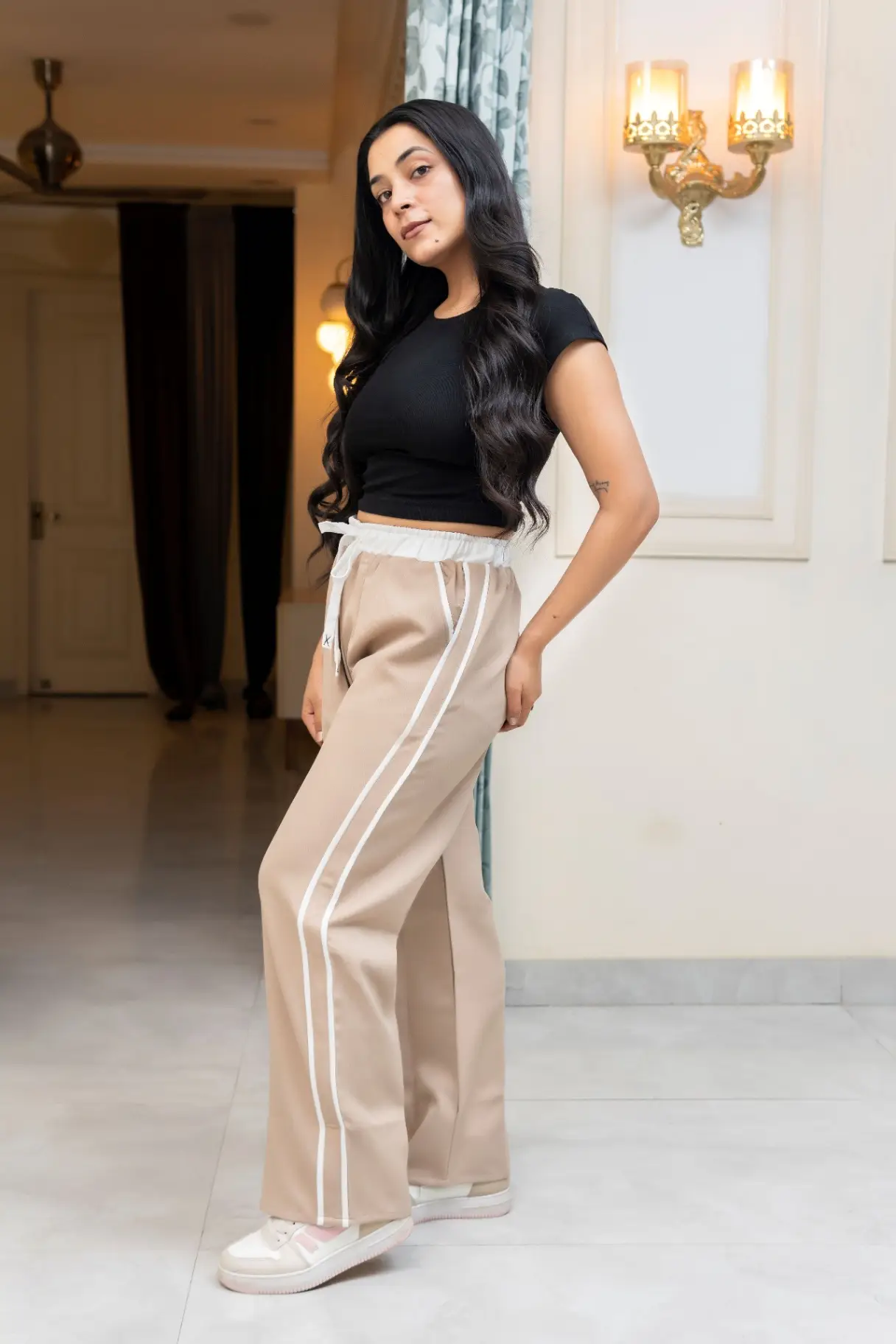 Sandy Beige Wide-Leg Track Pants with Contrast White Waistband view 3
