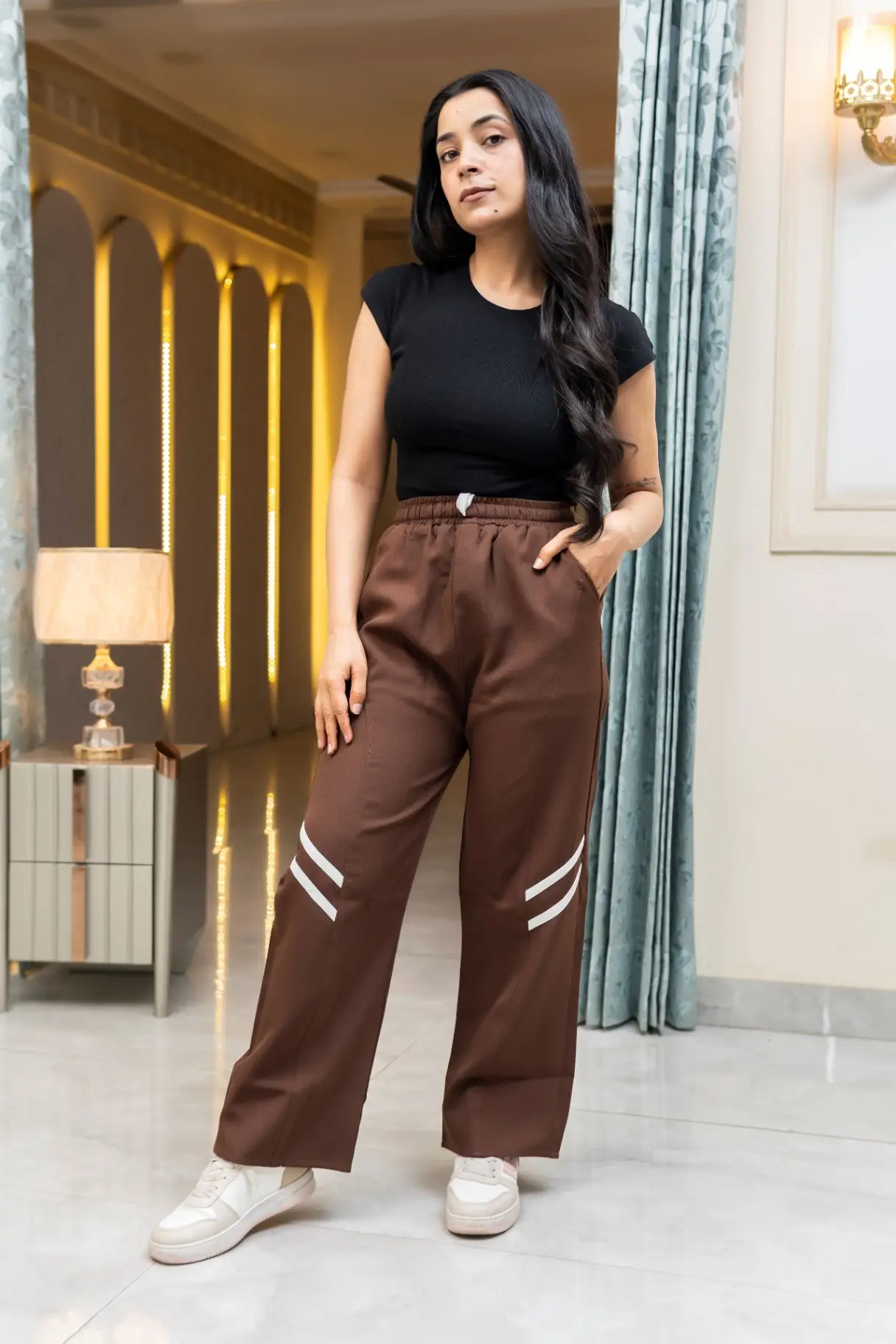 Chocolate Brown Wide-Leg Track Pants with Curved Knee Piping