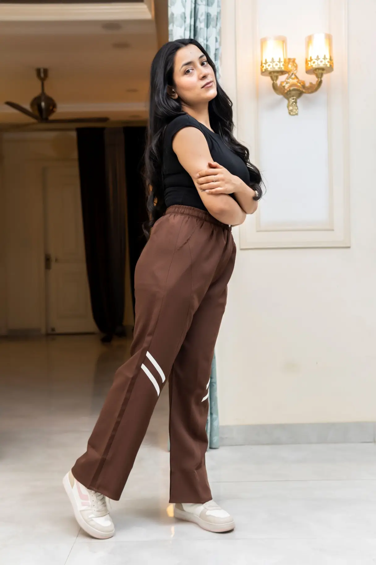Chocolate Brown Wide-Leg Track Pants with Curved Knee Piping view 2