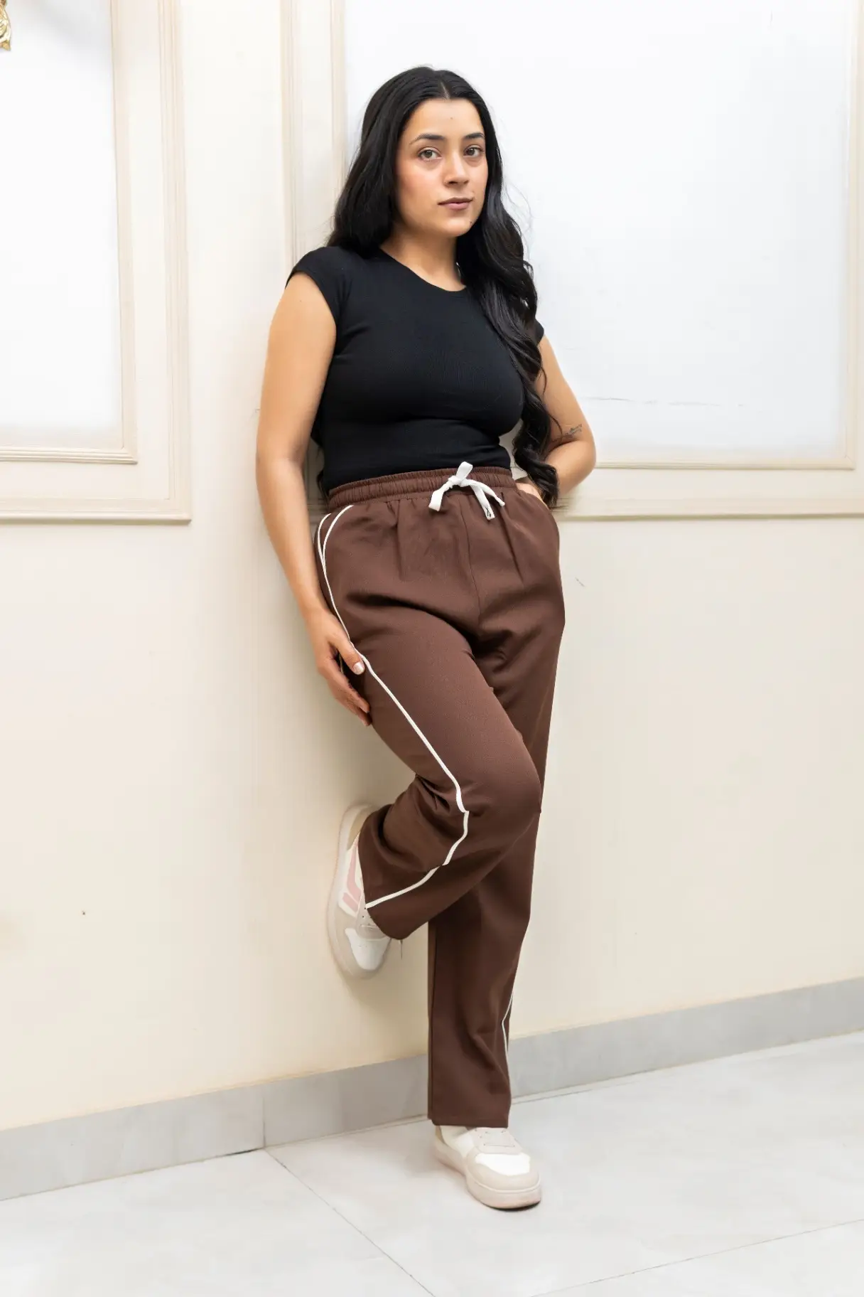 Chocolate Brown Wide-Leg Track Pants with Curved Knee Piping view 4