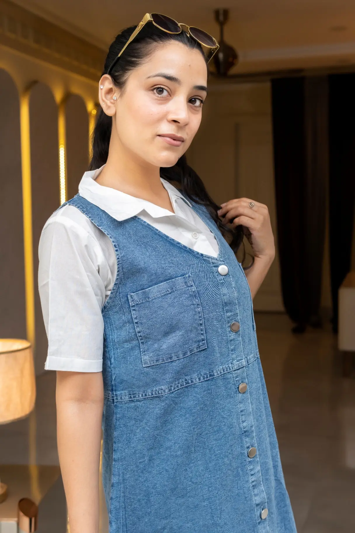 Layered Denim Pinafore Midi Dress with Poplin Shirt Insert view 2