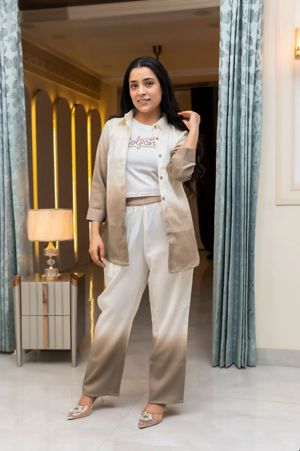 Taupe Earth Ombre Three-Piece Co-ord Set with Crop Top and Shrug
