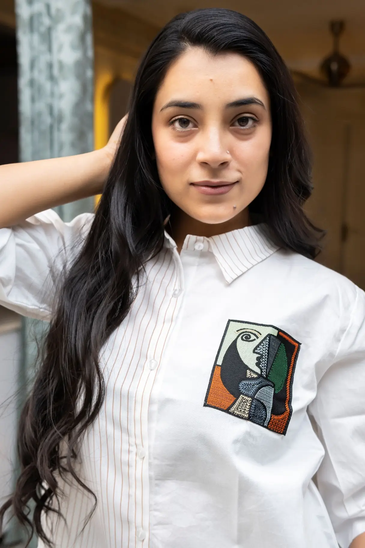 Ivory Asymmetric Pinstripe Shirt Top with Cubist Face Patch view 2