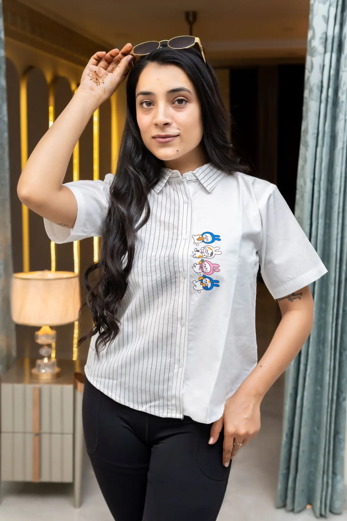 Ivory Asymmetric Pinstripe Shirt Top with Cartoon Bunny Prints