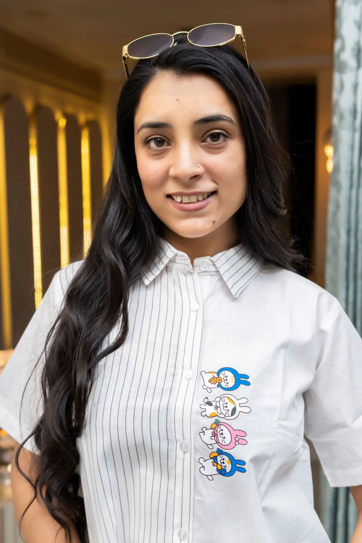 Ivory Asymmetric Pinstripe Shirt Top with Cartoon Bunny Prints view 2