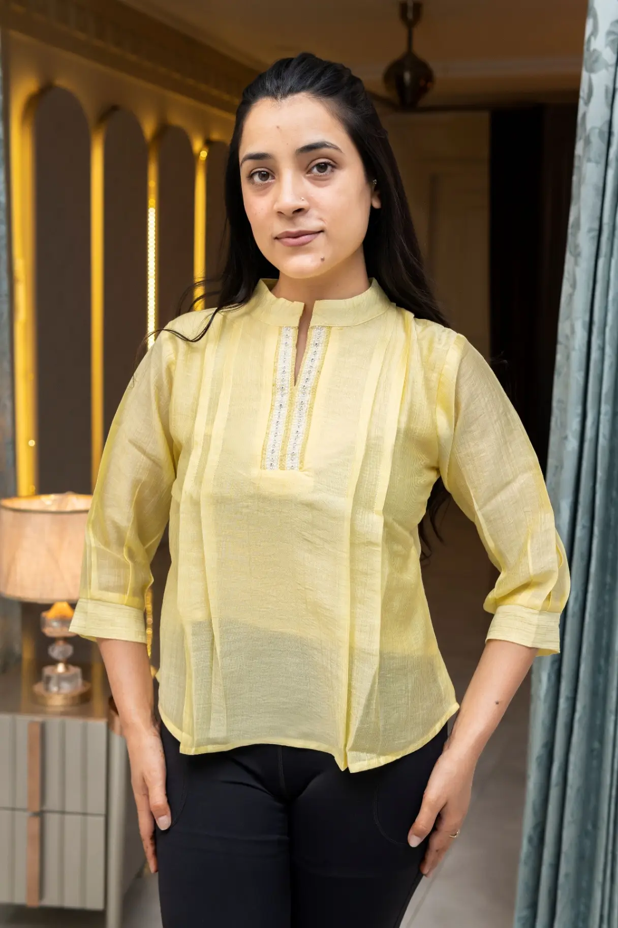 Primrose Yellow Mandarin Split-Neck Top with Vertical Pintuck Pleats