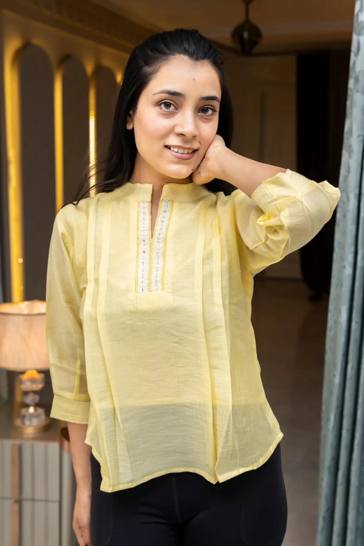 Primrose Yellow Mandarin Split-Neck Top with Vertical Pintuck Pleats view 2
