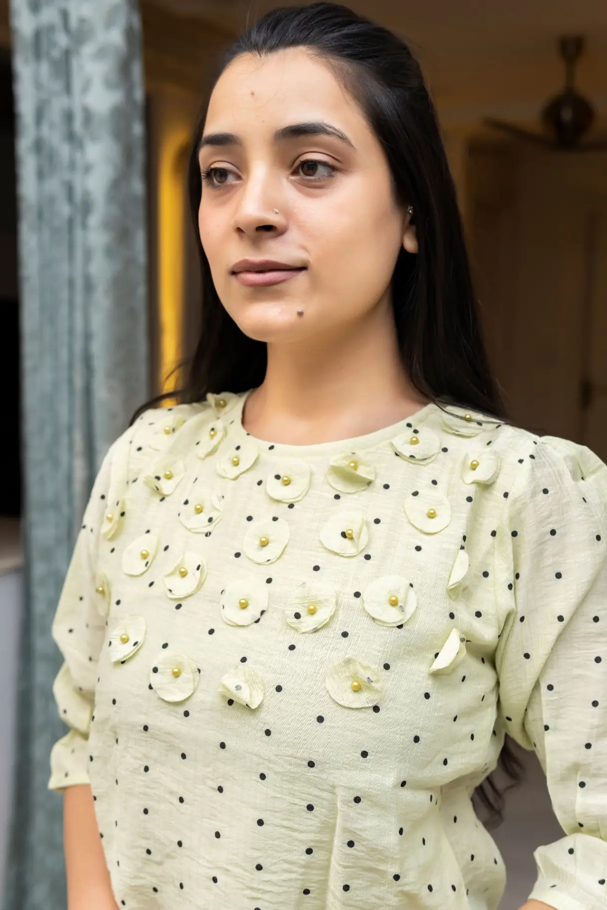 Mint Lime Polka-Dot Top with 3D Fabric Blossom Appliques view 2