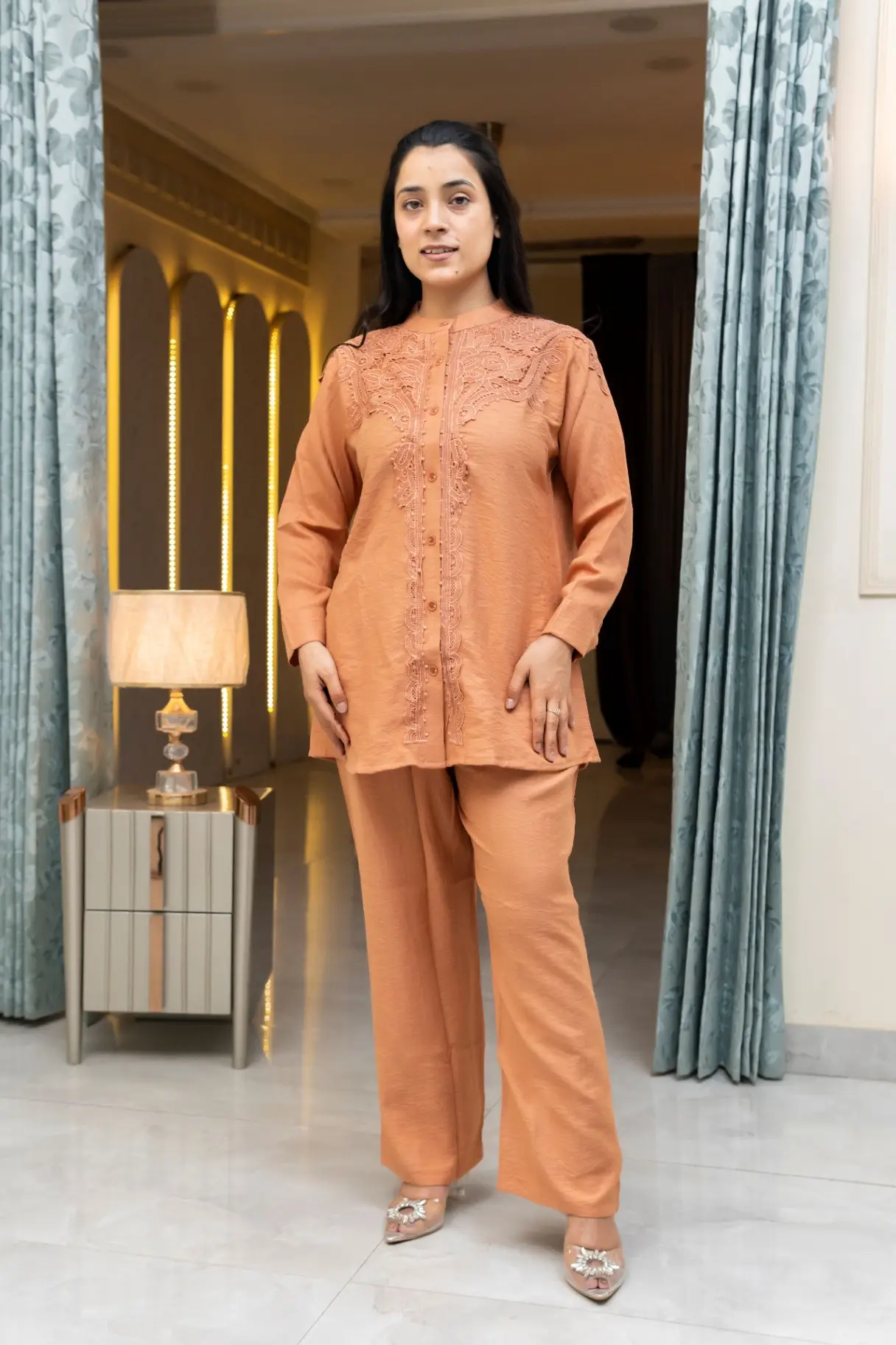Spiced Peach Slub Co-ord Set with Heavy Neckline Embroidery
