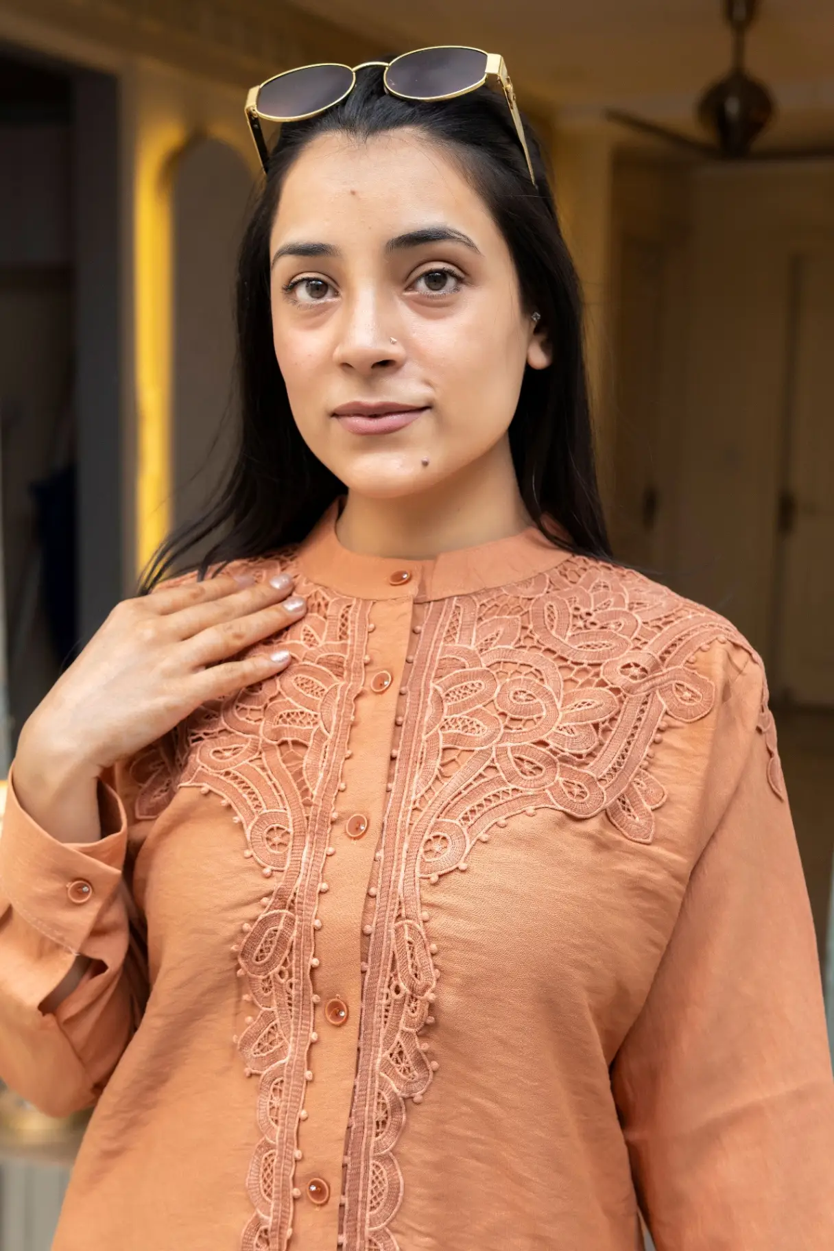 Spiced Peach Slub Co-ord Set with Heavy Neckline Embroidery view 2
