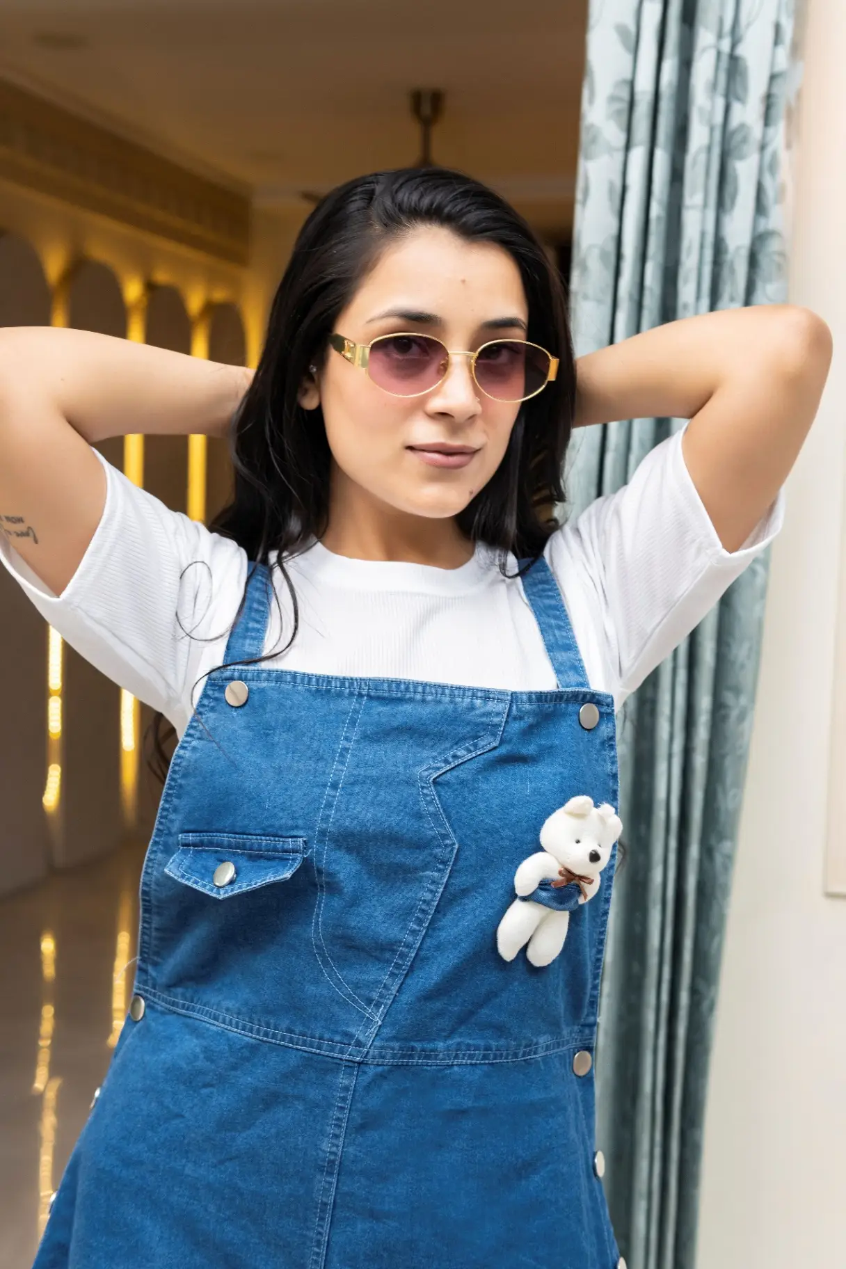 Classic Indigo Denim Pinafore Dress with Layered White Tee Set view 2