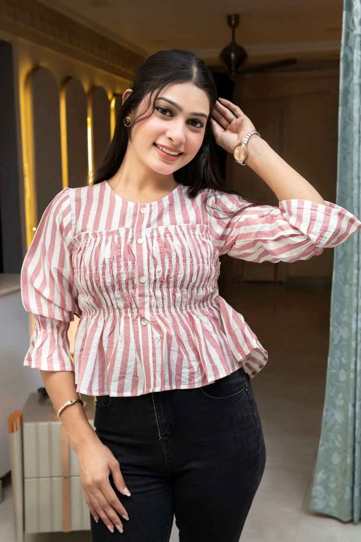Blush Pink Striped Smocked Crop Top with Ruffled Peplum Hem