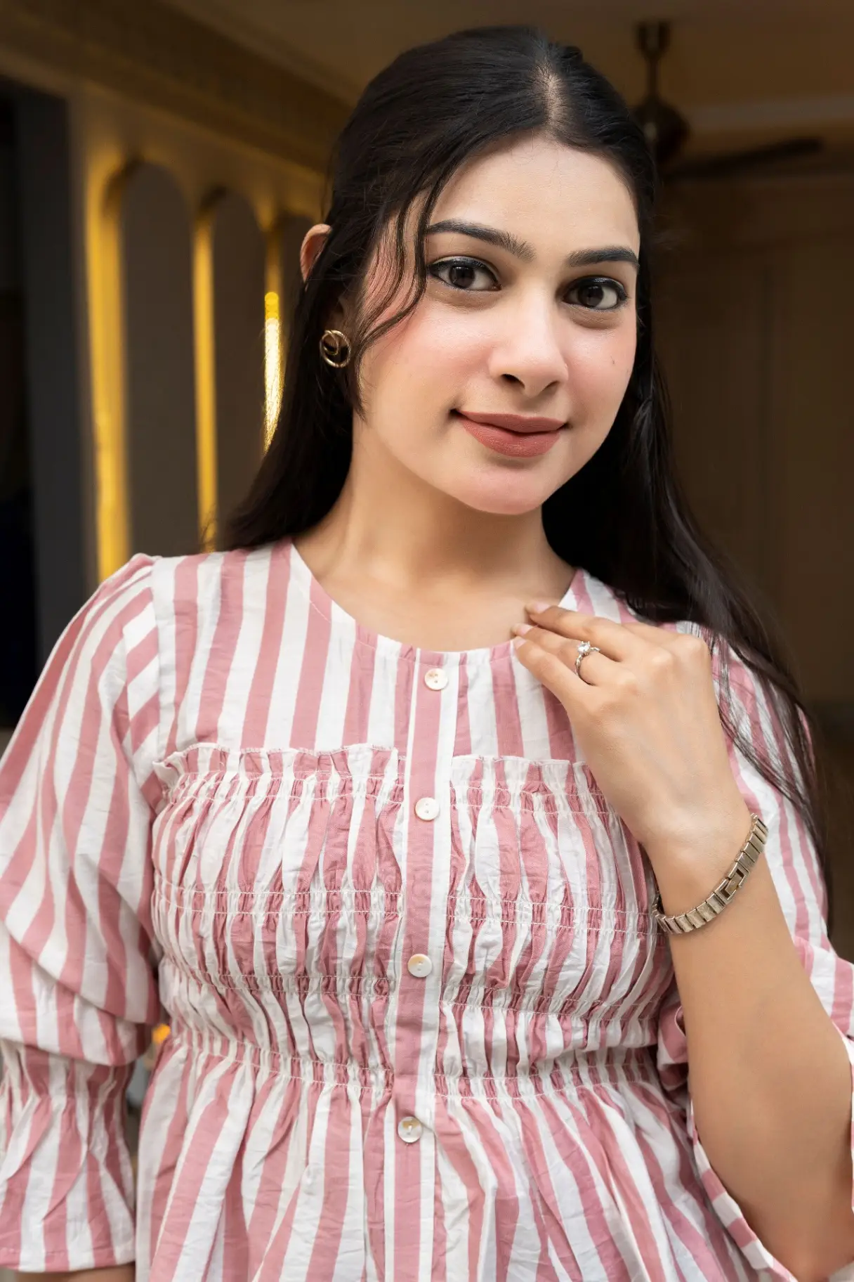 Blush Pink Striped Smocked Crop Top with Ruffled Peplum Hem view 2