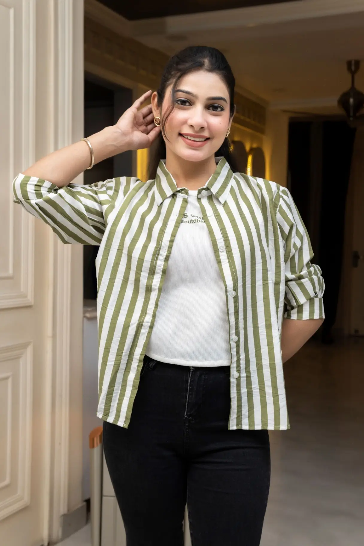 Olive Striped Open-Front Over-Shirt and Graphic Tee Set Top
