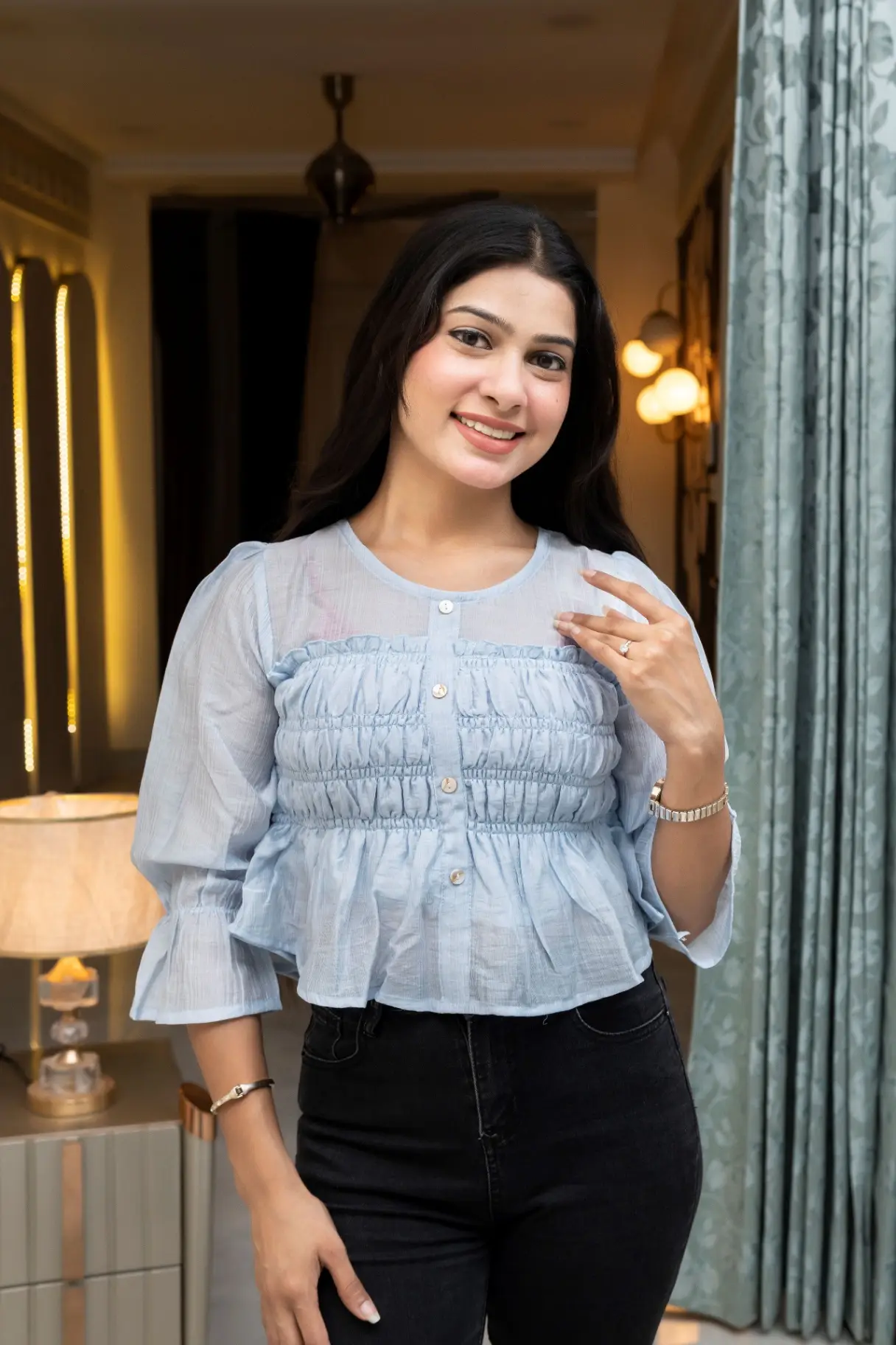 Powder Blue Smocked Crop Top with Ruffled Peplum Hem