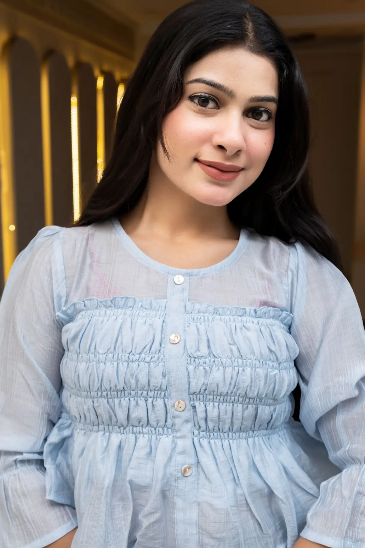 Powder Blue Smocked Crop Top with Ruffled Peplum Hem view 2