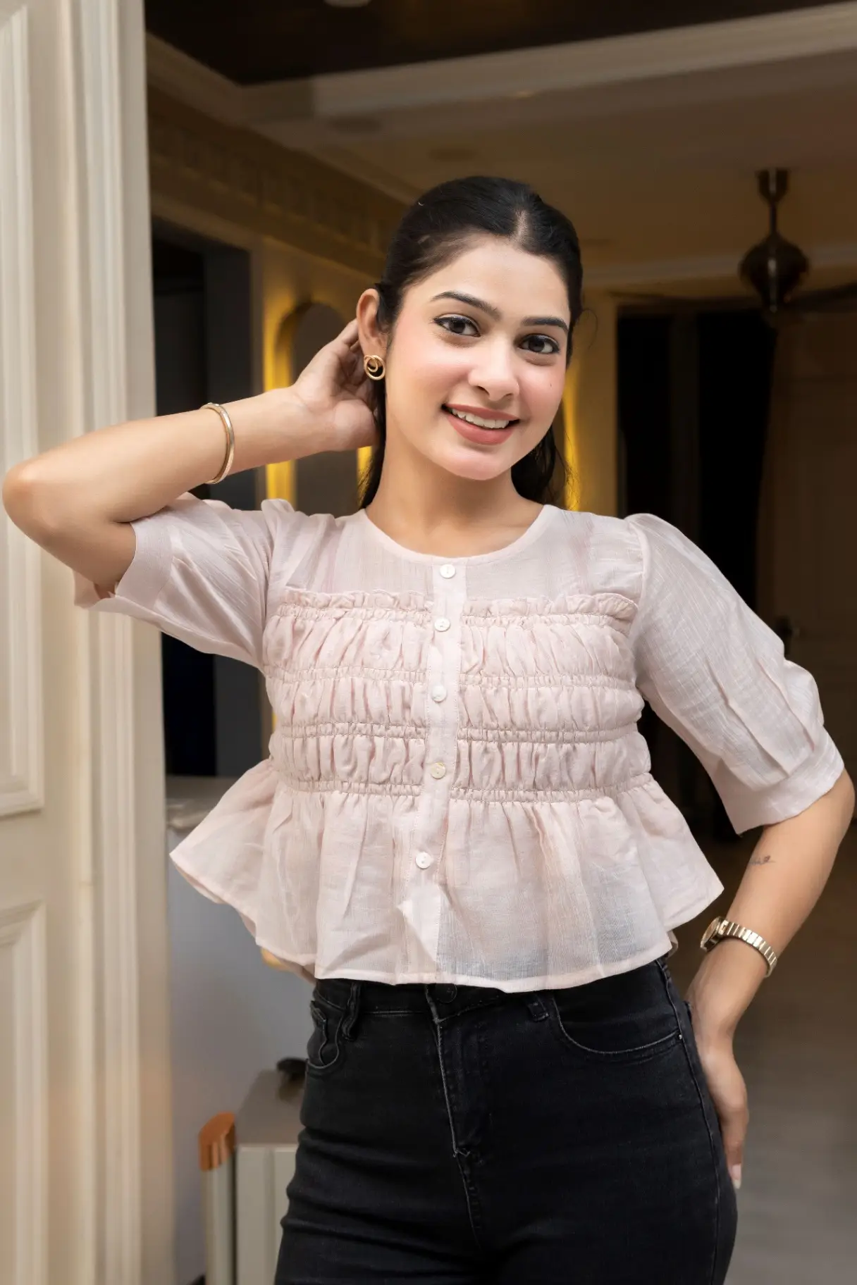 Blush Pink Smocked Crop Top with Flared Peplum Hem