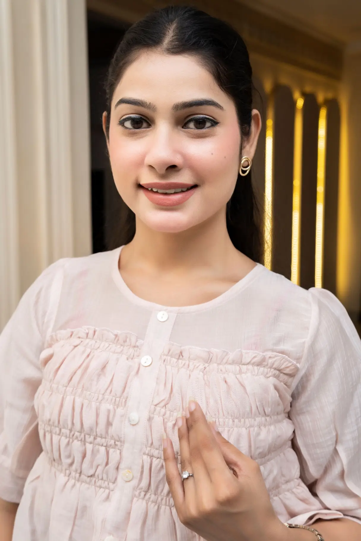 Blush Pink Smocked Crop Top with Flared Peplum Hem view 2