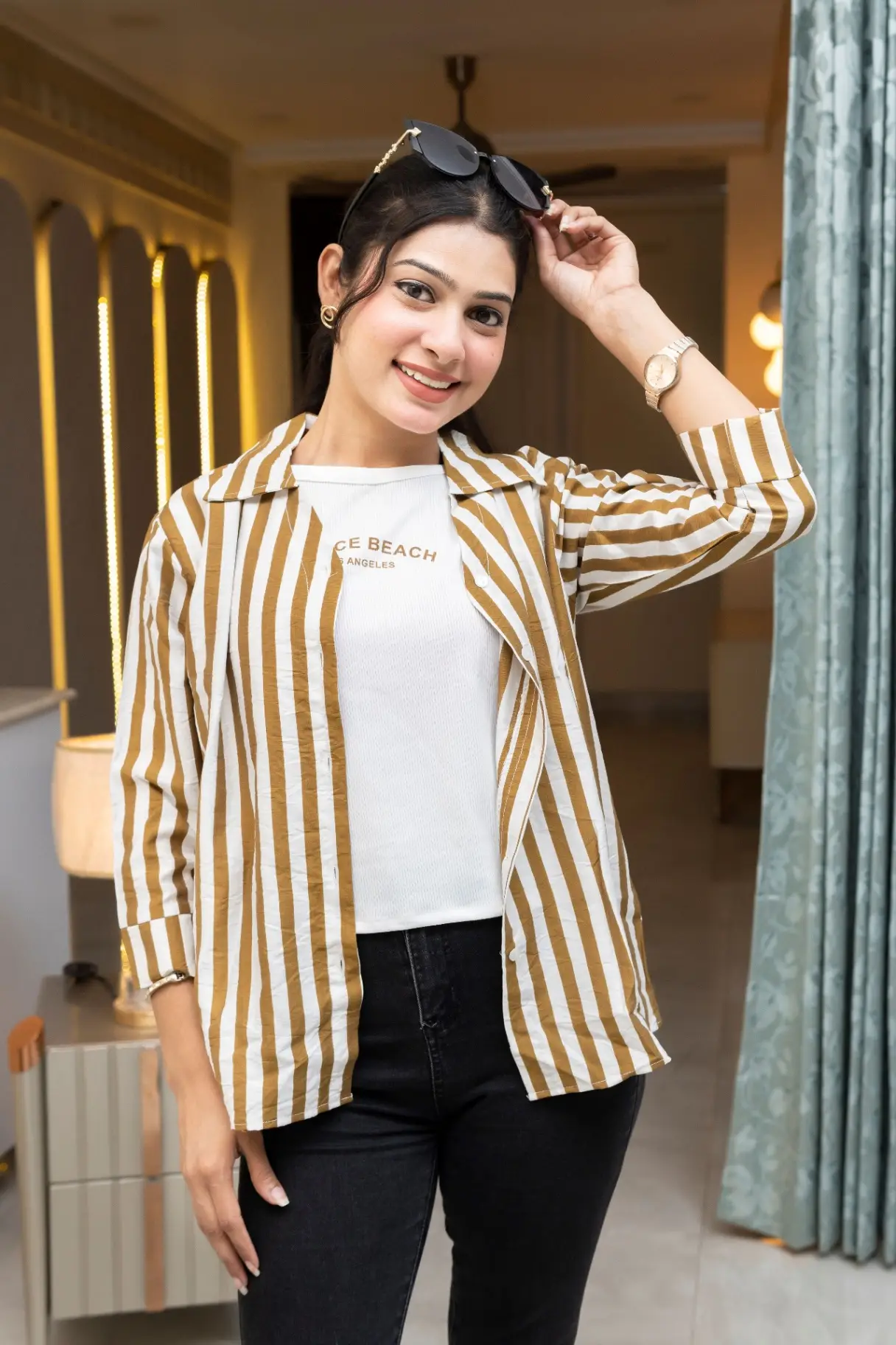 Brown Striped Open-Front Over-Shirt and White Inner Tee Set