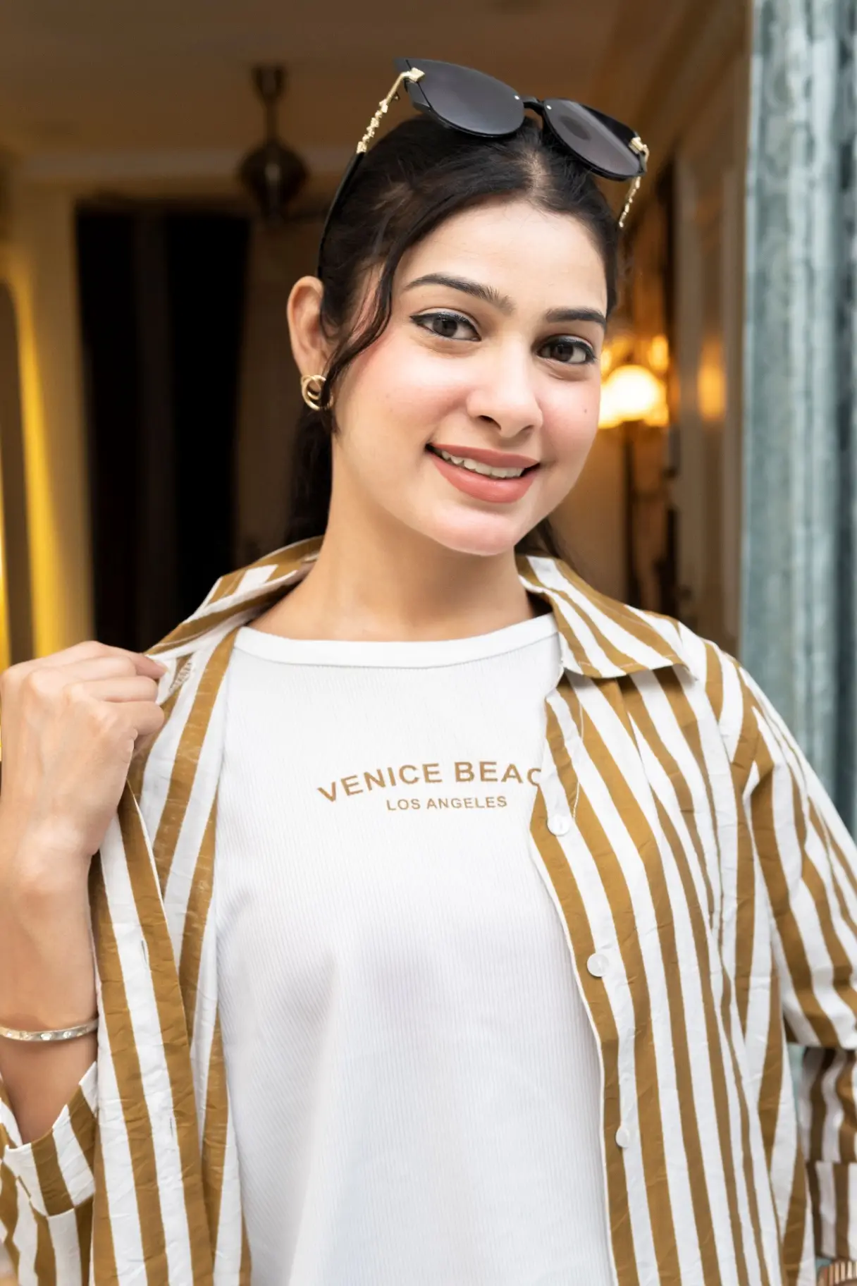 Brown Striped Open-Front Over-Shirt and White Inner Tee Set view 2