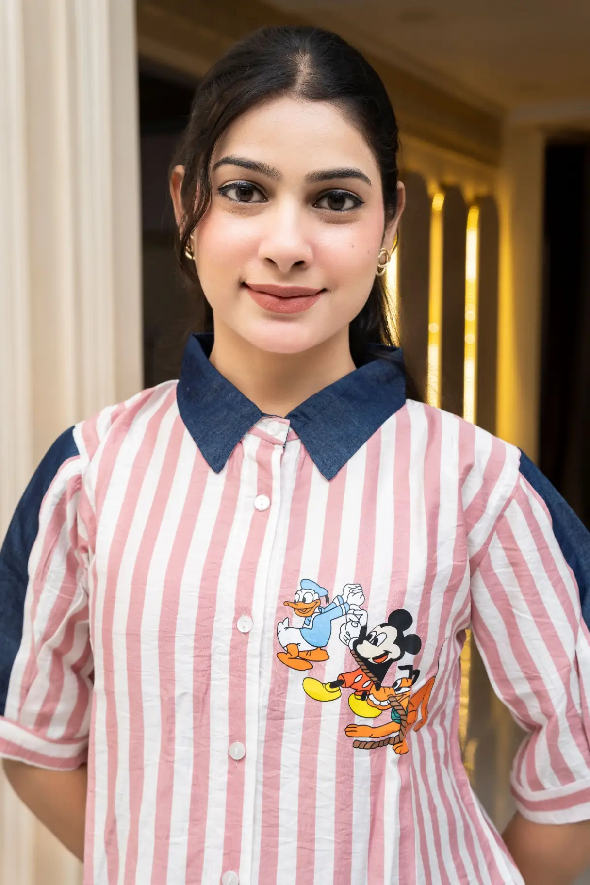 Blush Pink Striped Cartoon Patch Shirt Top with Denim Collar view 2