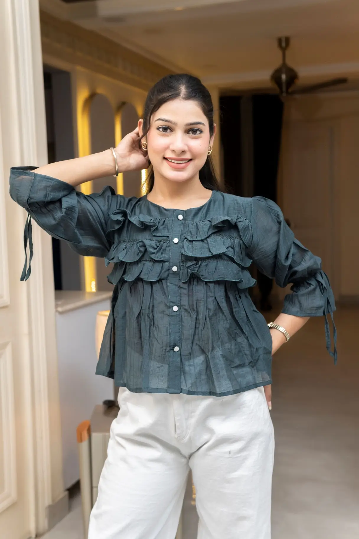 Forest Green Tiered Ruffle Crop Top with Tie-Up Sleeves