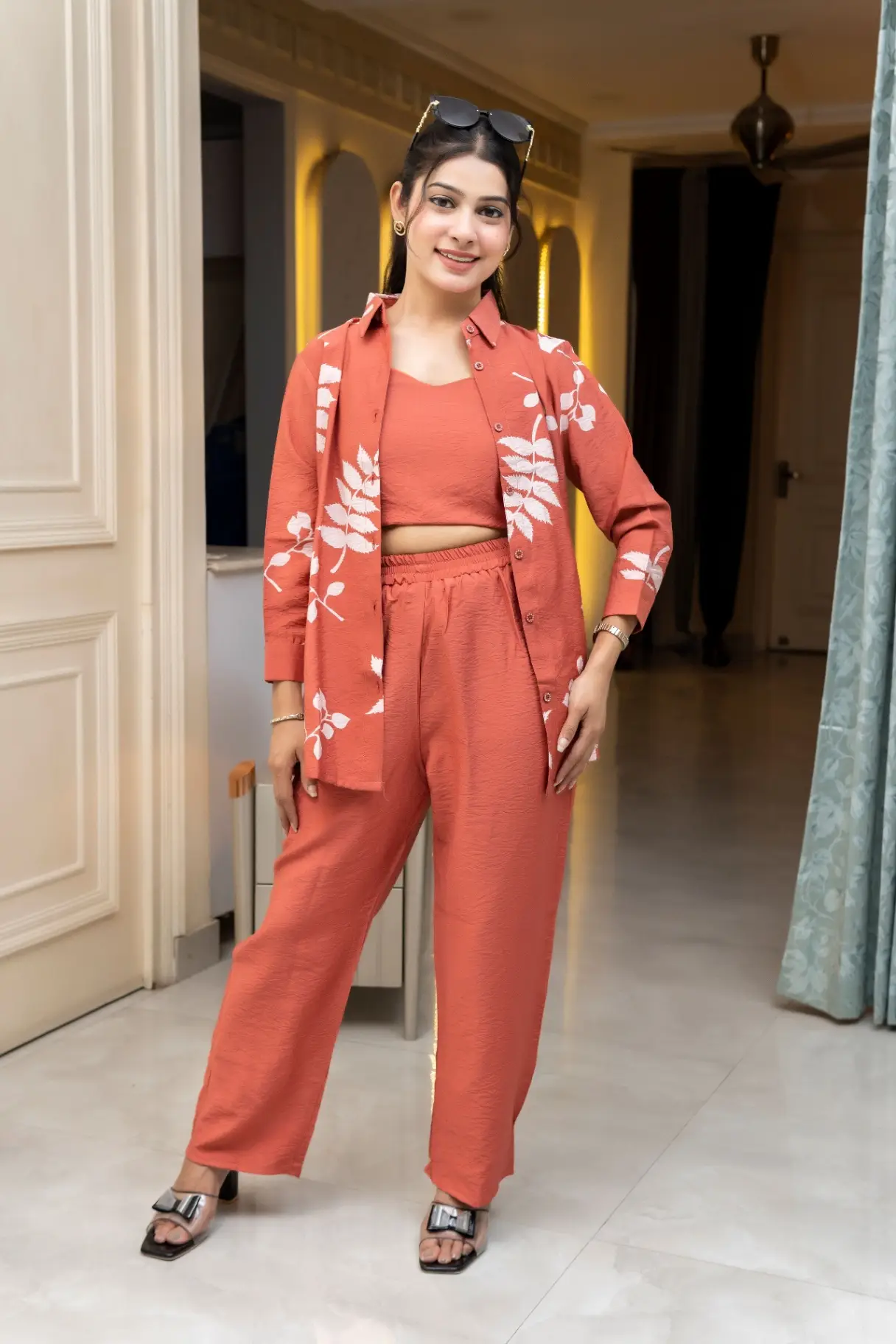 Terracotta Rust Three-Piece Co-ord Set with Utility Shirt and Crop Top
